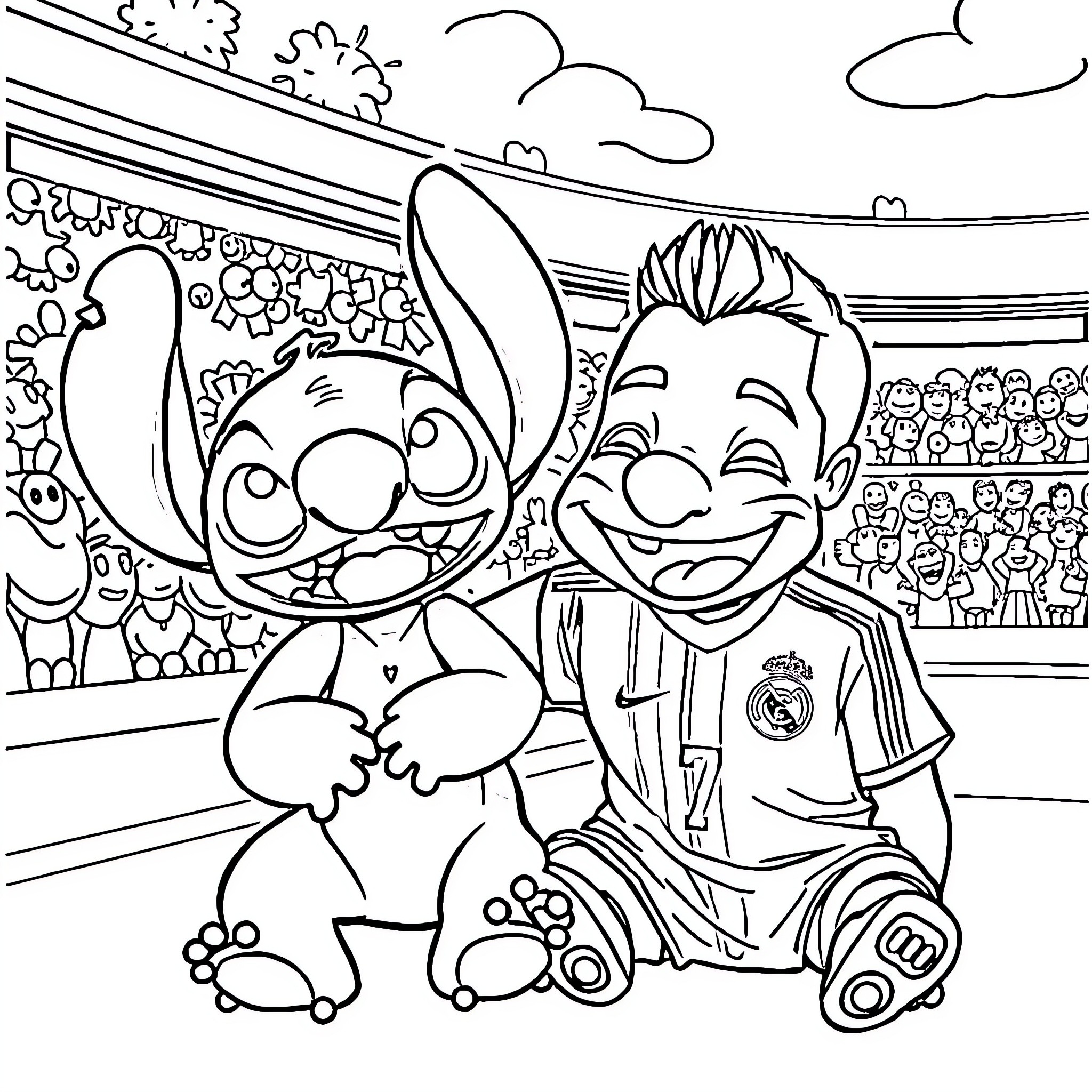 Stitch celebrating with a soccer player at the stadium Coloring Page (free black-and-white line drawing printable PDF for all, from beginners to advanced learners, including children, teens, adults, and seniors)
