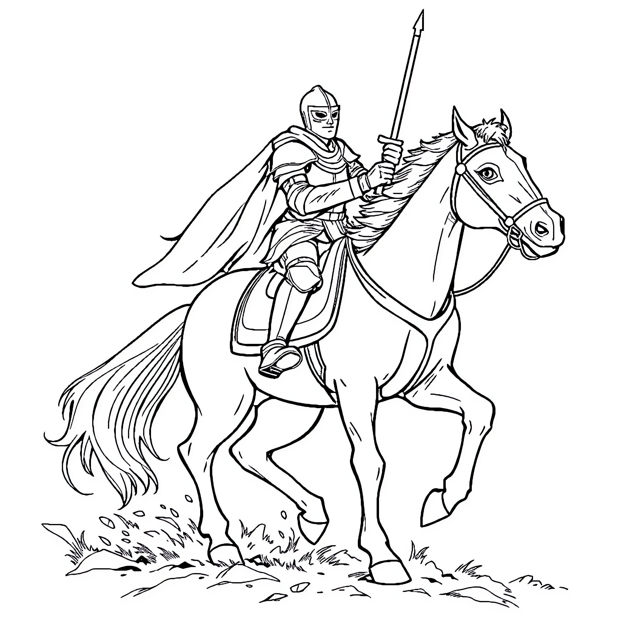 Horse-mounted knight in full regalia riding into battle Coloring Page (free black-and-white line drawing printable PDF for all, from beginners to advanced learners, including children, teens, adults, and seniors)