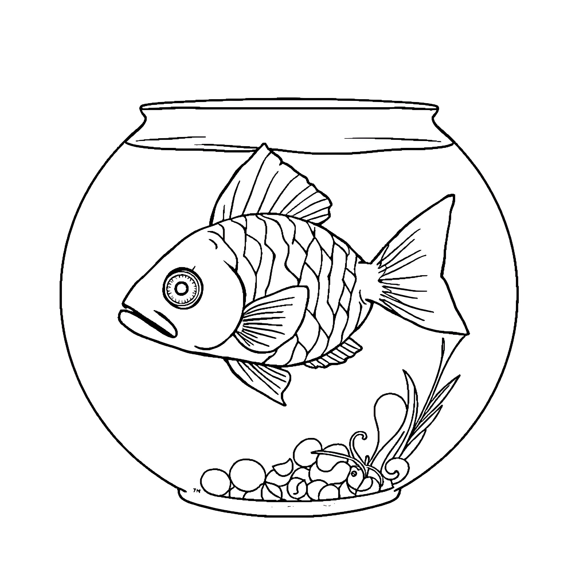 Fish swimming in a glass bowl Coloring Page (free black-and-white line drawing printable PDF for all, from beginners to advanced learners, including children, teens, adults, and seniors)