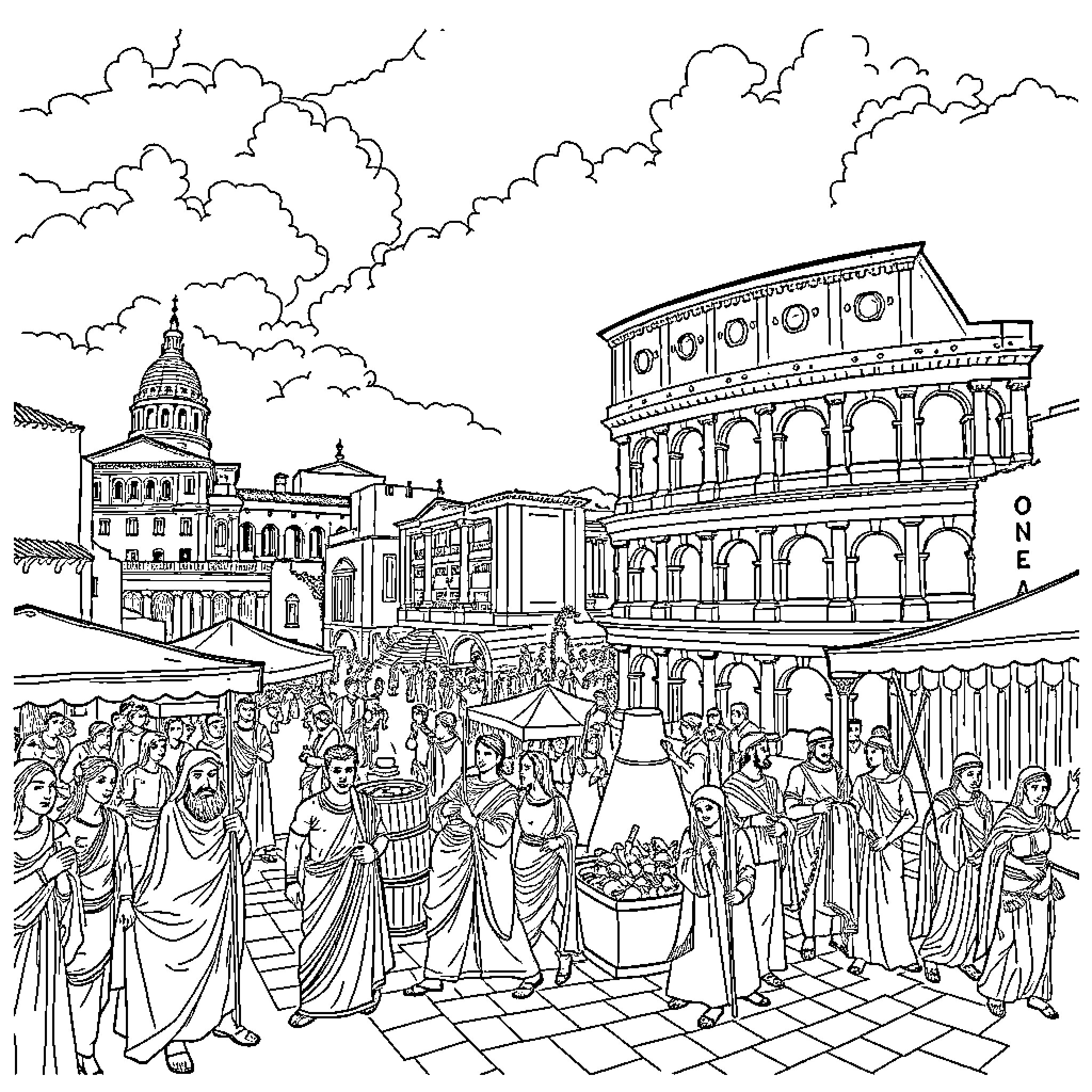 Rome Street Scene with Crowd and Historical Buildings Coloring Page (free black-and-white line drawing printable PDF for all, from beginners to advanced learners, including children, teens, adults, and seniors)
