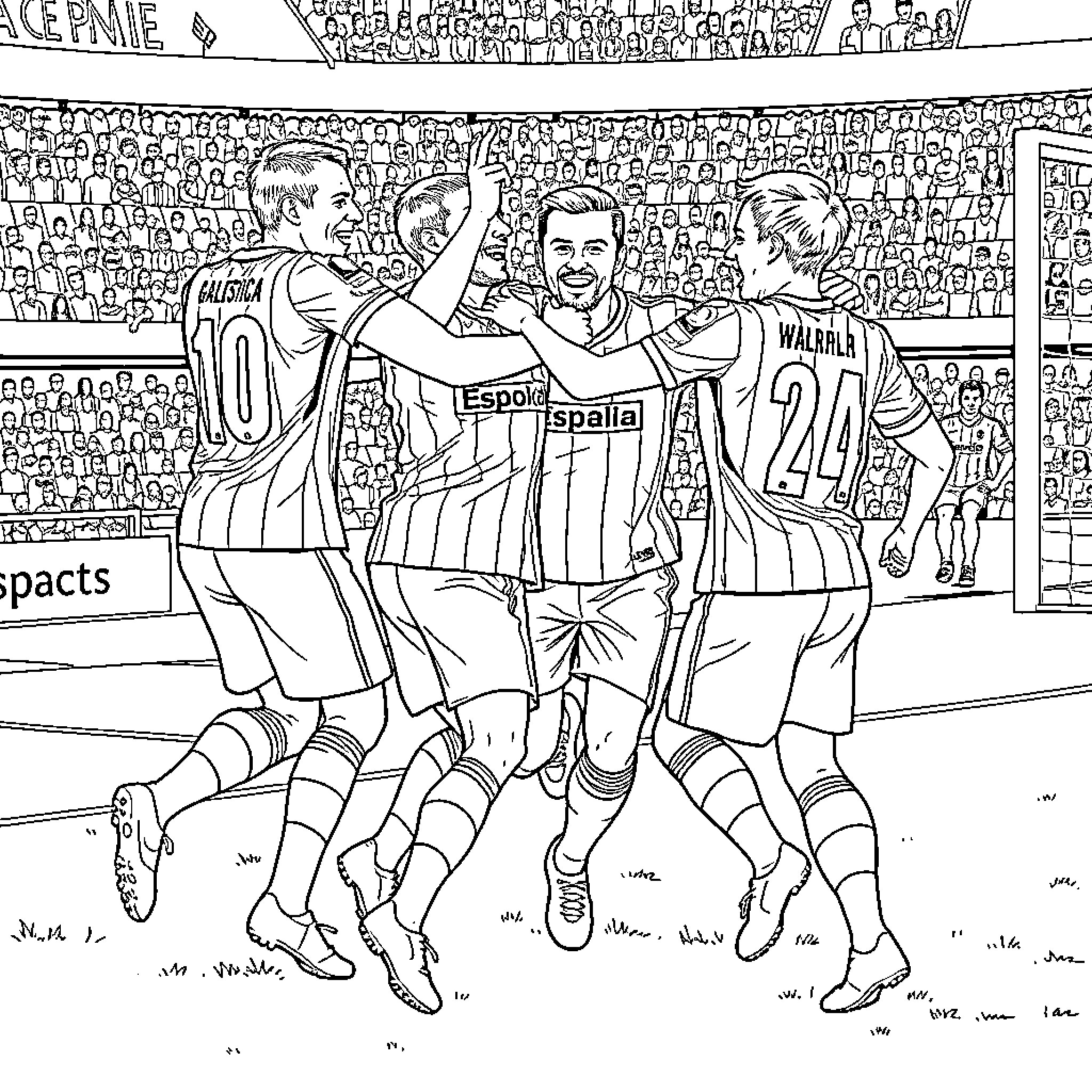 Rcd Espanyol players celebrate goal on the field Coloring Page (free black-and-white line drawing printable PDF for all, from beginners to advanced learners, including children, teens, adults, and seniors)