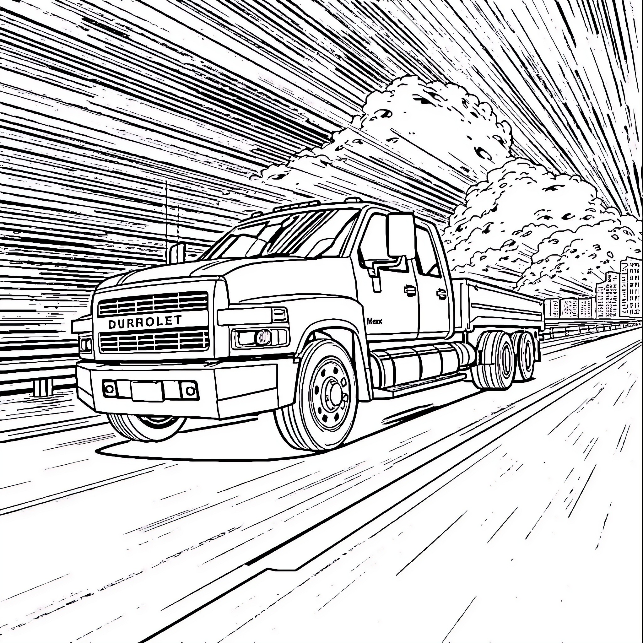 Truck speeding through the city streets Coloring Page (free black-and-white line drawing printable PDF for all, from beginners to advanced learners, including children, teens, adults, and seniors)