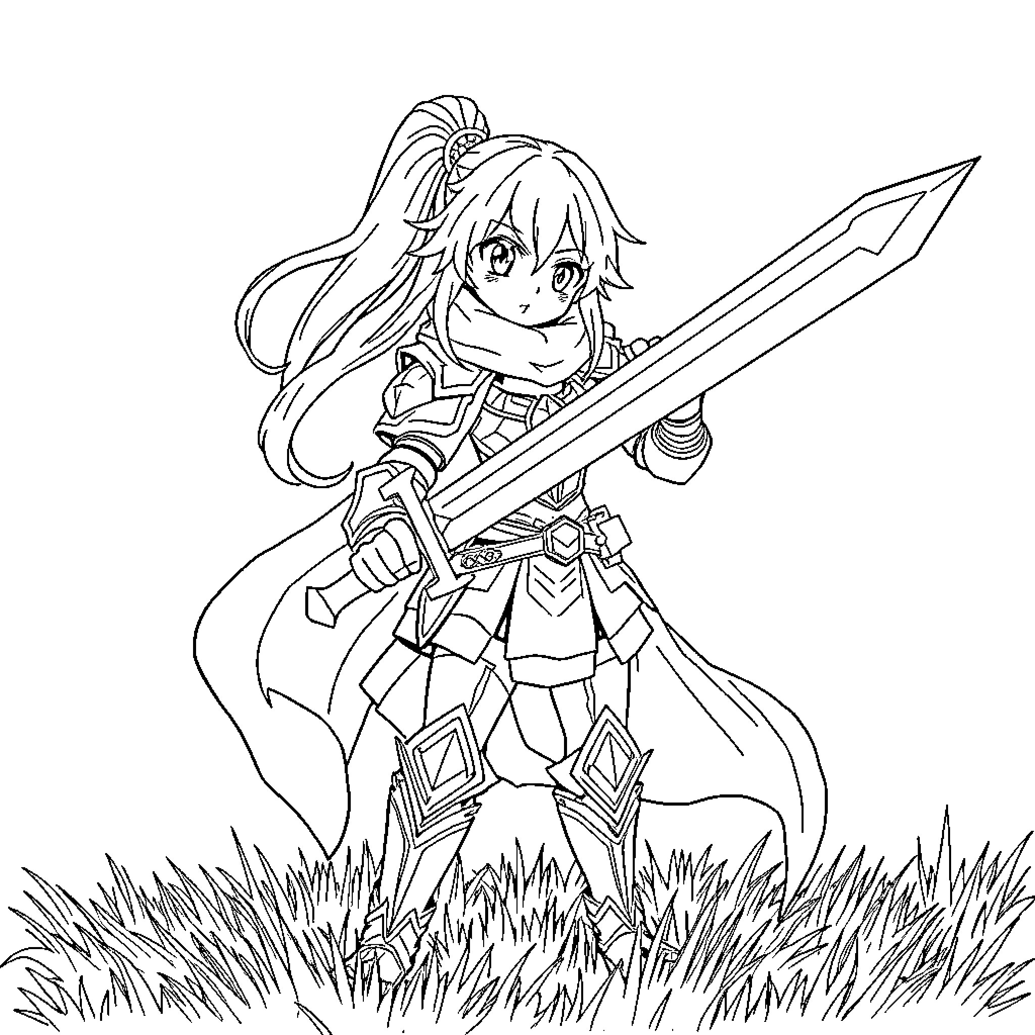 Anime Girl Wielding Sword in Outdoor Meadow Coloring Page (free black-and-white line drawing printable PDF for all, from beginners to advanced learners, including children, teens, adults, and seniors)