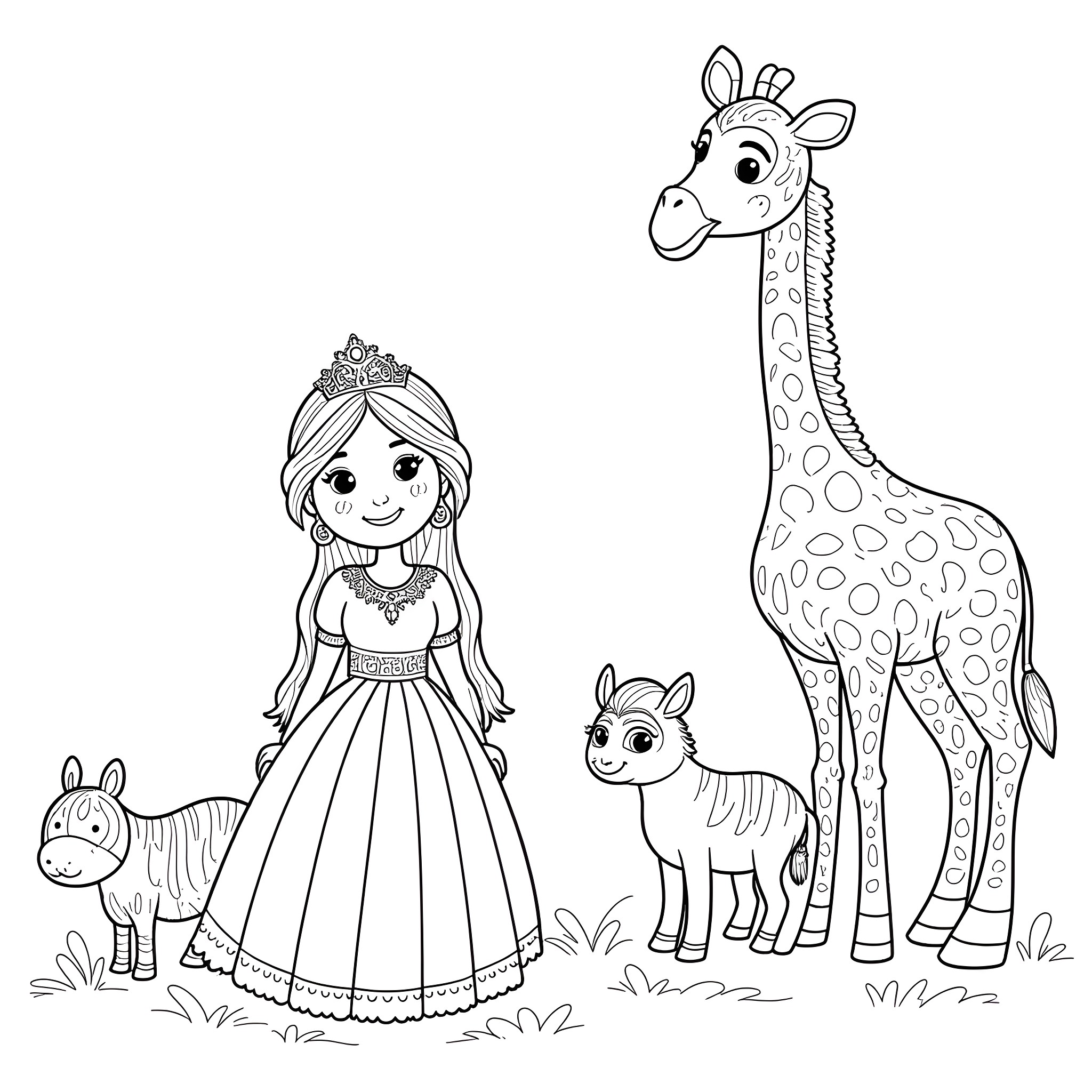 Princess enjoying nature with her animal friends Coloring Page (free black-and-white line drawing printable PDF for all, from beginners to advanced learners, including children, teens, adults, and seniors)
