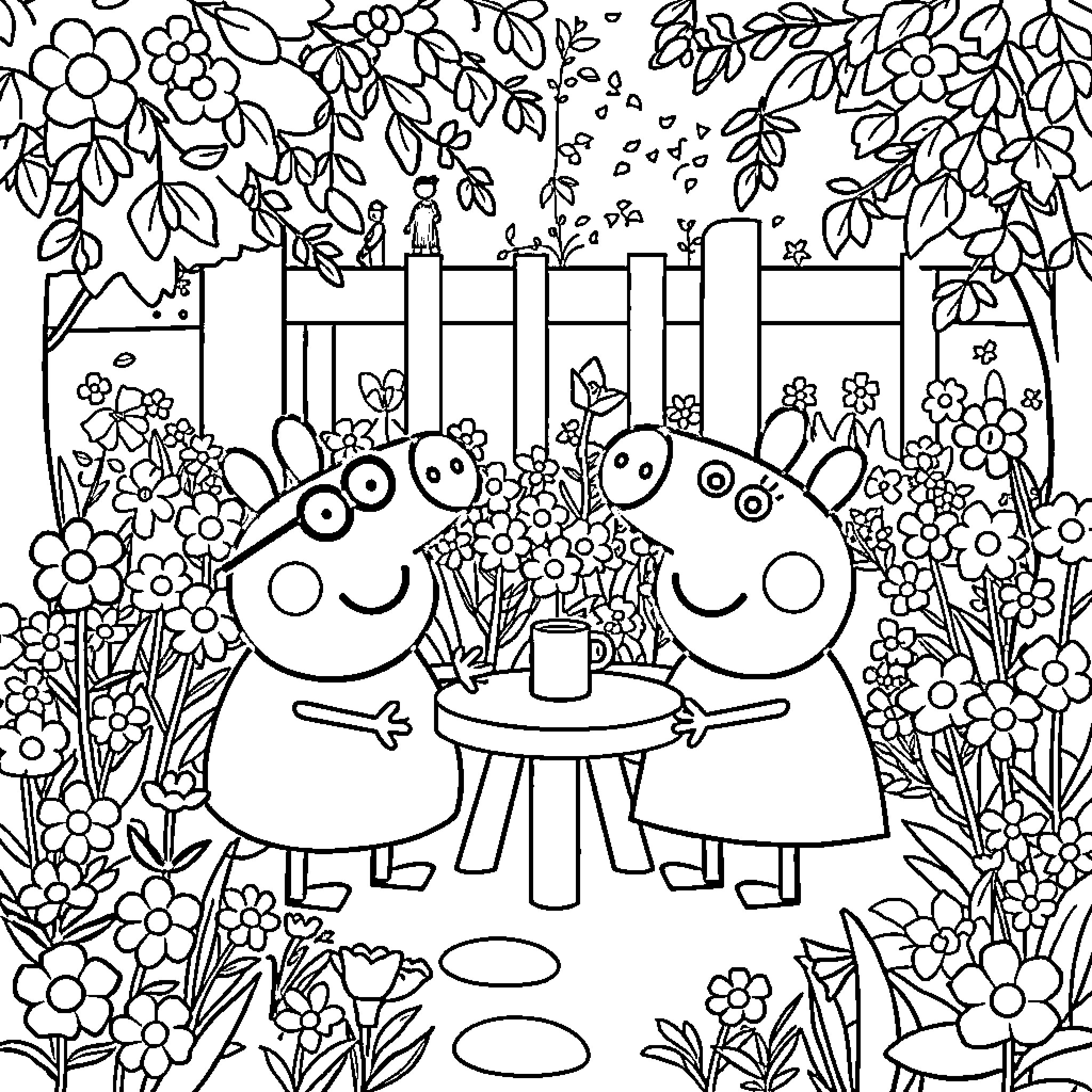 Peppa Pig and friends enjoying a picnic in the garden Coloring Page (free black-and-white line drawing printable PDF for all, from beginners to advanced learners, including children, teens, adults, and seniors)