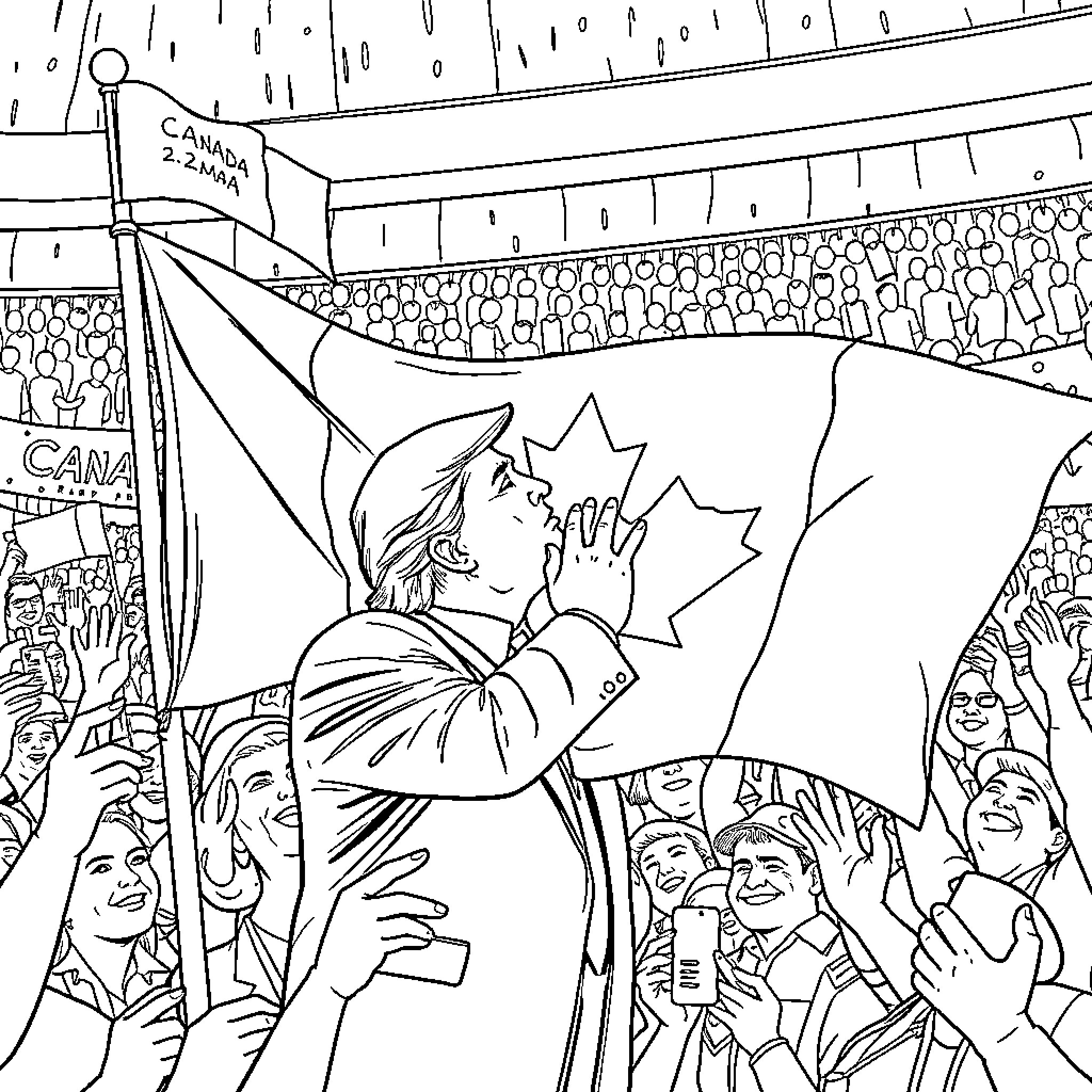 Donald Trump addressing enthusiastic crowd waving Canadian flags Coloring Page (free black-and-white line drawing printable PDF for all, from beginners to advanced learners, including children, teens, adults, and seniors)