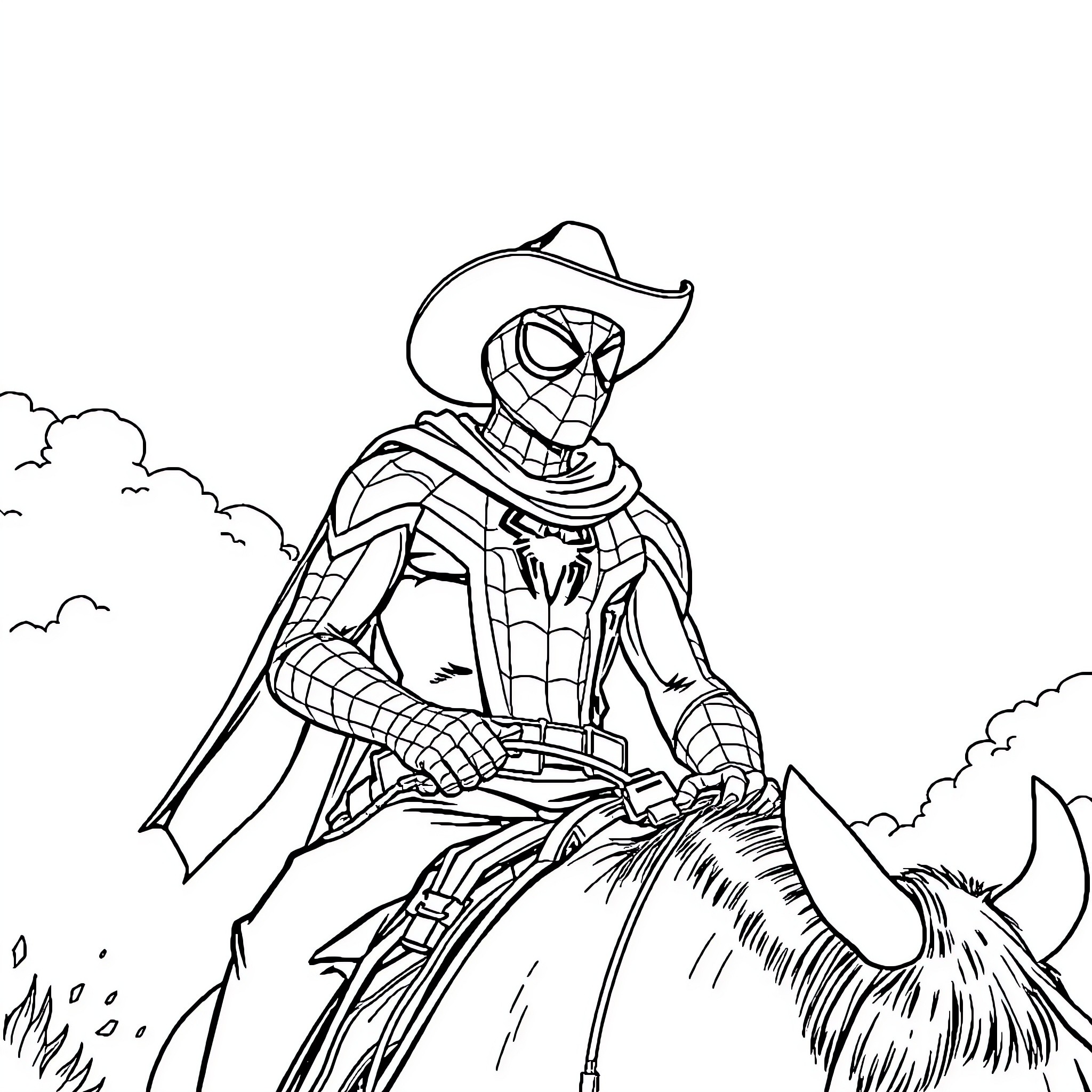 Spider-Man Wrangling a Mighty Steed Coloring Page (free black-and-white line drawing printable PDF for all, from beginners to advanced learners, including children, teens, adults, and seniors)