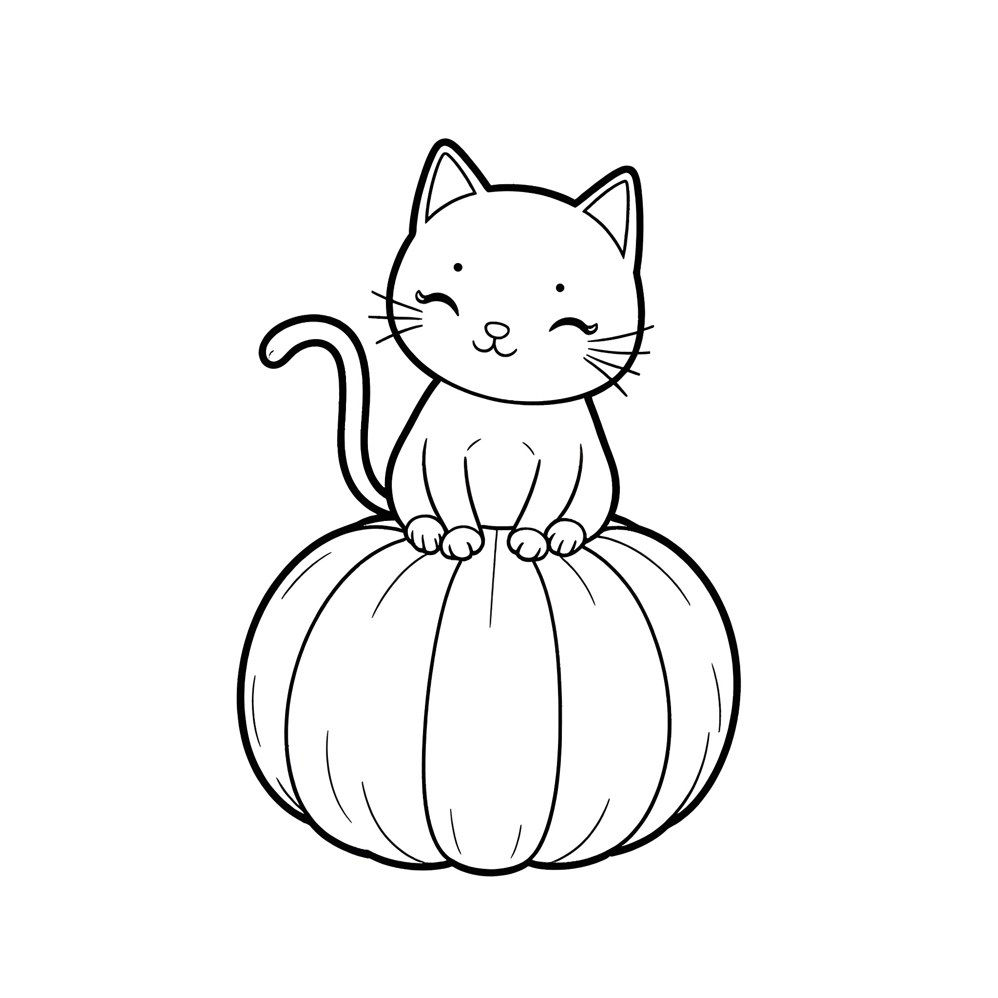 Cat sitting on a pumpkin Coloring Page (free black-and-white line drawing printable PDF for all, from beginners to advanced learners, including children, teens, adults, and seniors)