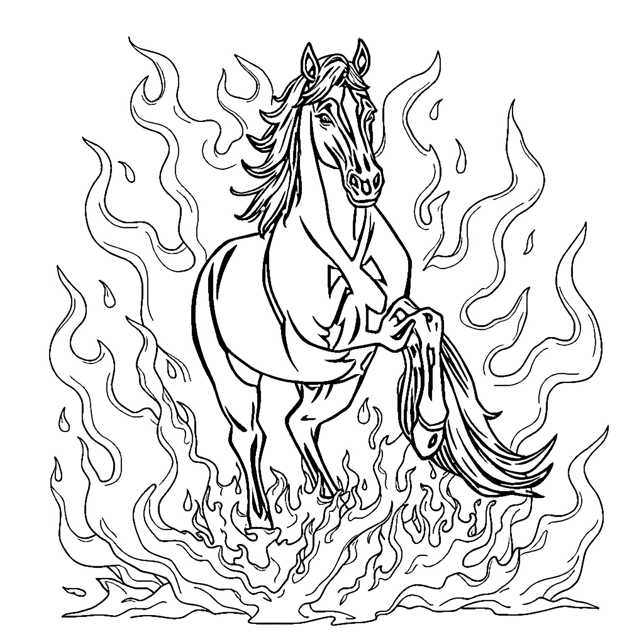 Horse running through fiery flames Coloring Page (free black-and-white line drawing printable PDF for all, from beginners to advanced learners, including children, teens, adults, and seniors)
