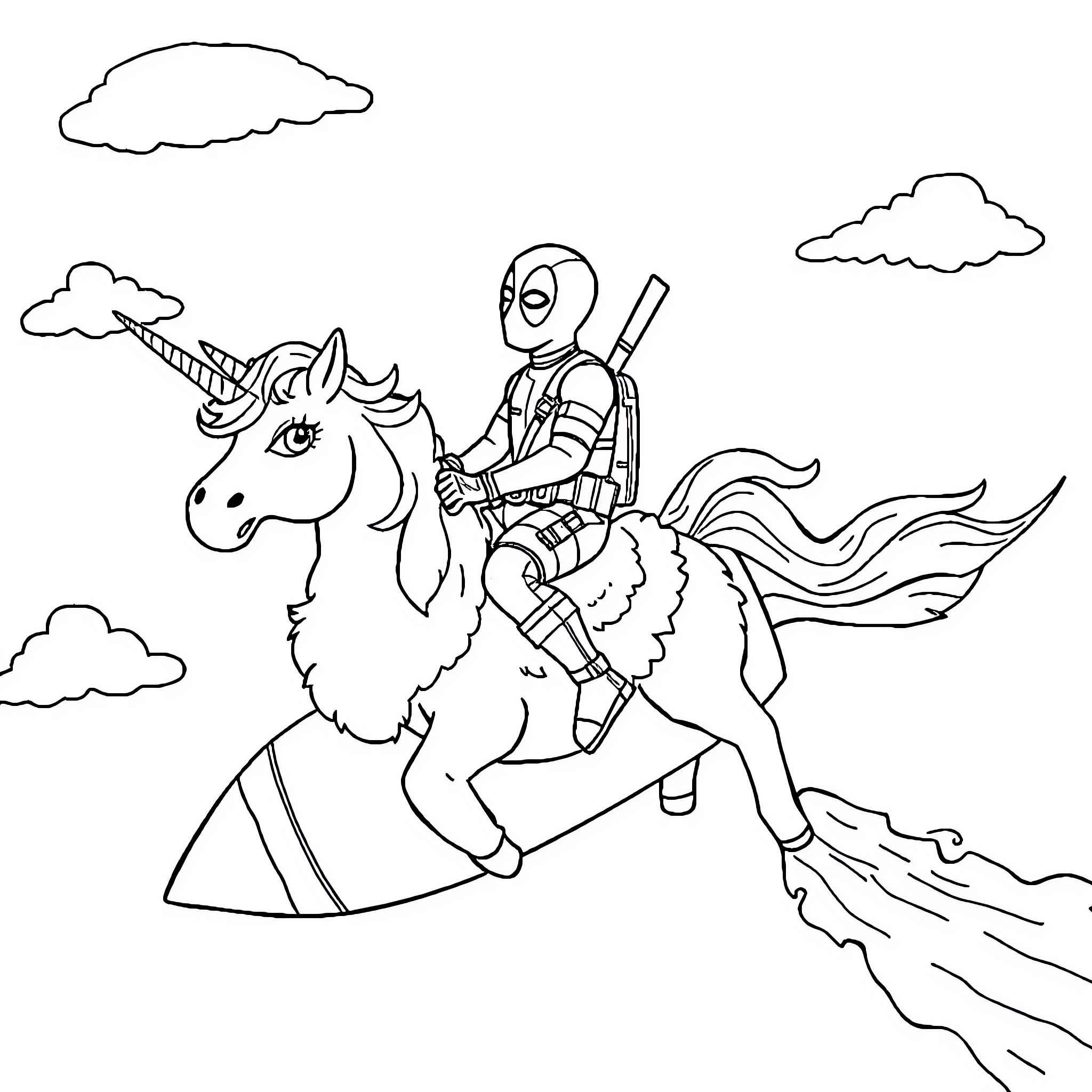 Deadpool riding a unicorn in an action scene Coloring Page (free black-and-white line drawing printable PDF for all, from beginners to advanced learners, including children, teens, adults, and seniors)