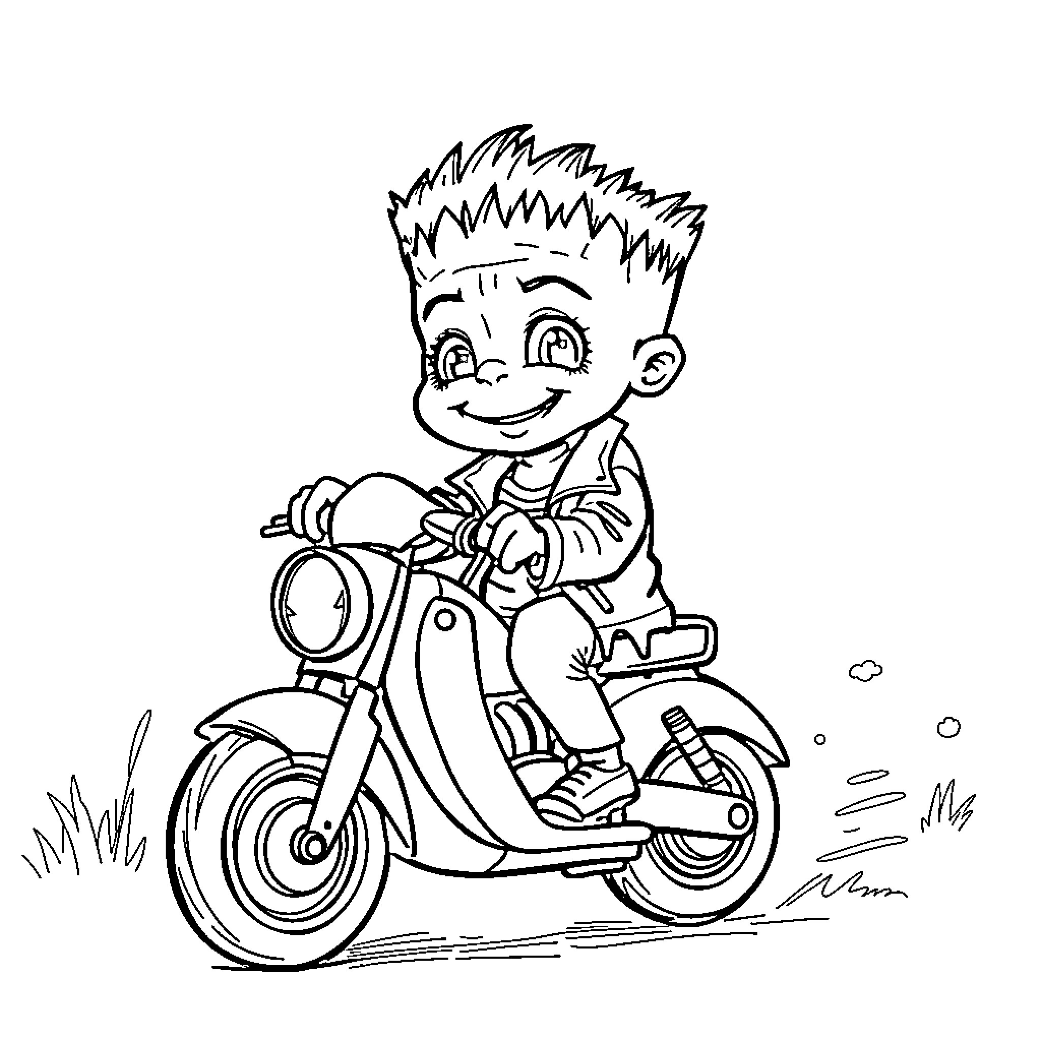Frankenstein character on a motorcycle Coloring Page (free black-and-white line drawing printable PDF for all, from beginners to advanced learners, including children, teens, adults, and seniors)