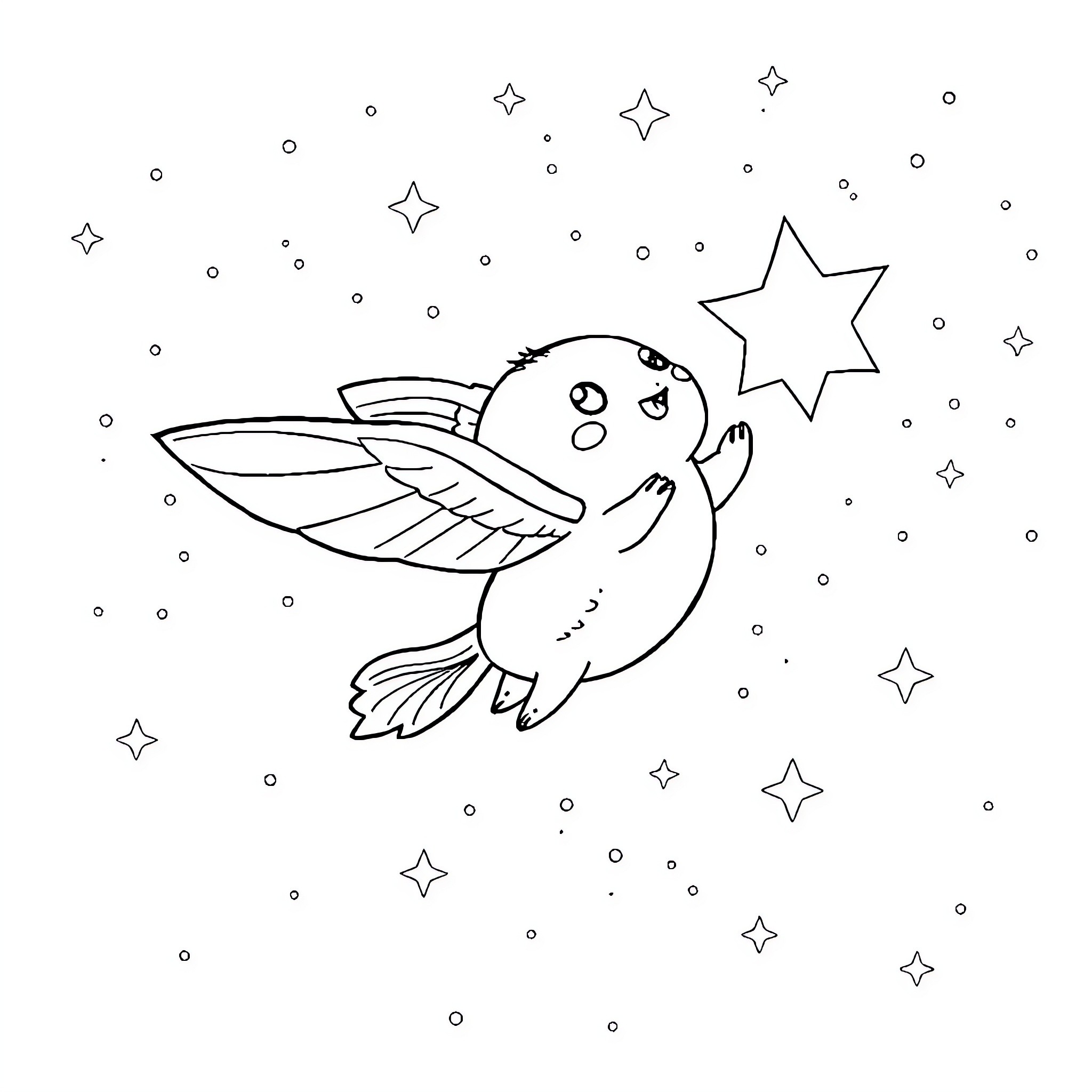 Labubu's Starry Night Flight Coloring Page (free black-and-white line drawing printable PDF for all, from beginners to advanced learners, including children, teens, adults, and seniors)