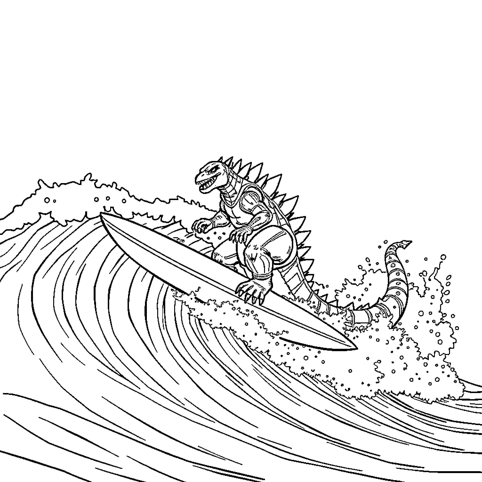Godzilla surfing on a giant wave Coloring Page (free black-and-white line drawing printable PDF for all, from beginners to advanced learners, including children, teens, adults, and seniors)