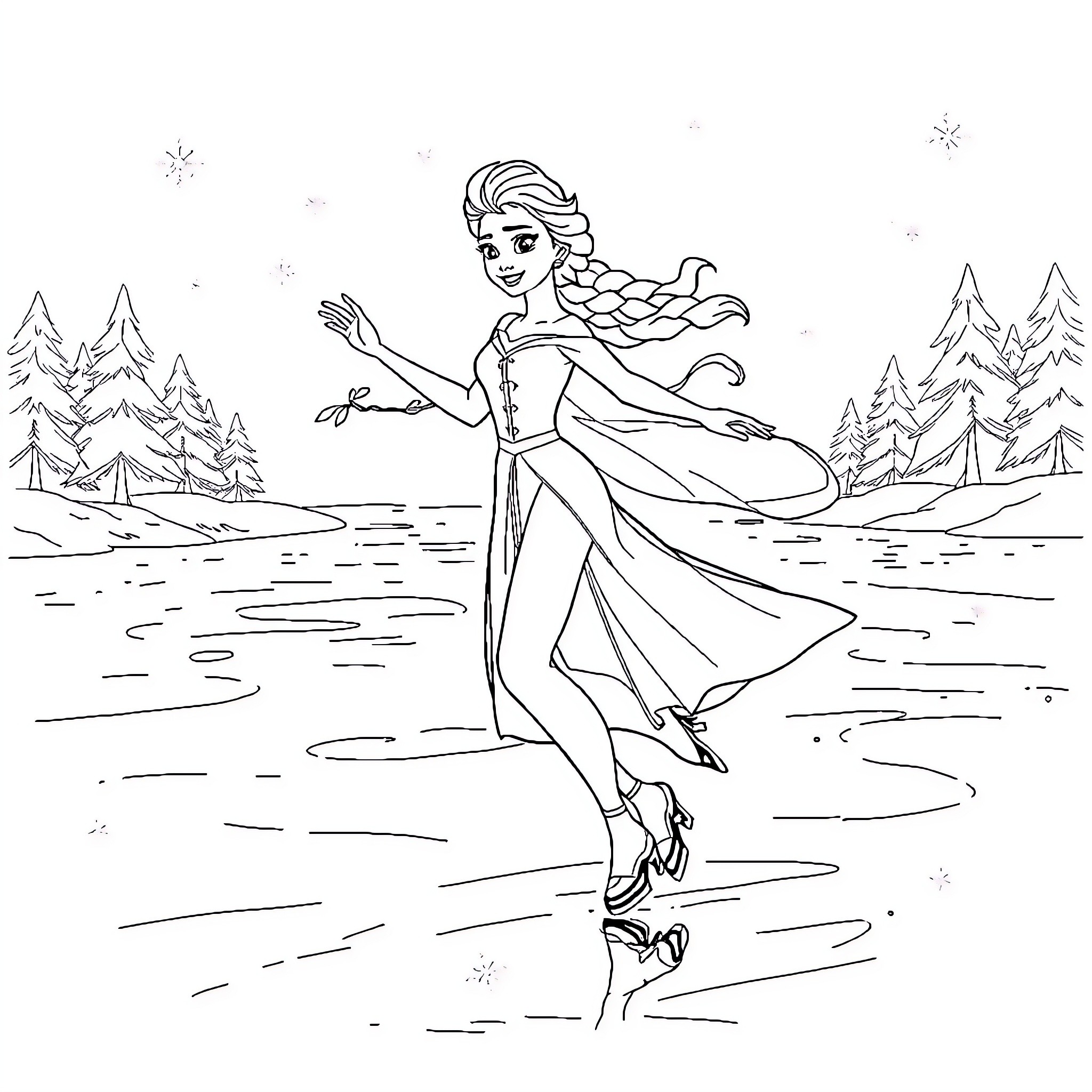 Elsa's Winter Adventure on the Frozen Lake Coloring Page (free black-and-white line drawing printable PDF for all, from beginners to advanced learners, including children, teens, adults, and seniors)
