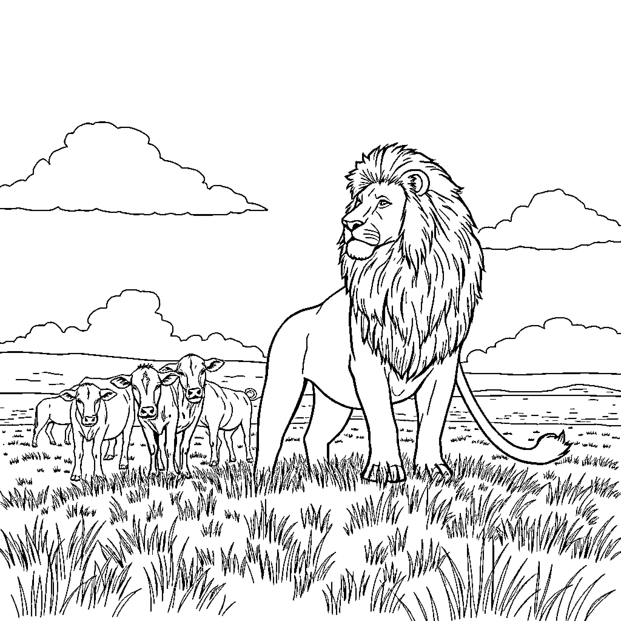 Lion leading a pride in the wilderness Coloring Page (free black-and-white line drawing printable PDF for all, from beginners to advanced learners, including children, teens, adults, and seniors)