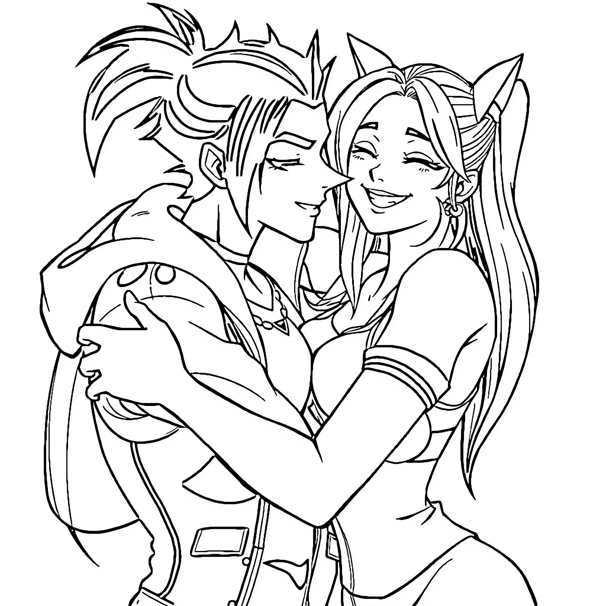 Jinx's Lively Embrace with Teammates Coloring Page (free black-and-white line drawing printable PDF for all, from beginners to advanced learners, including children, teens, adults, and seniors)