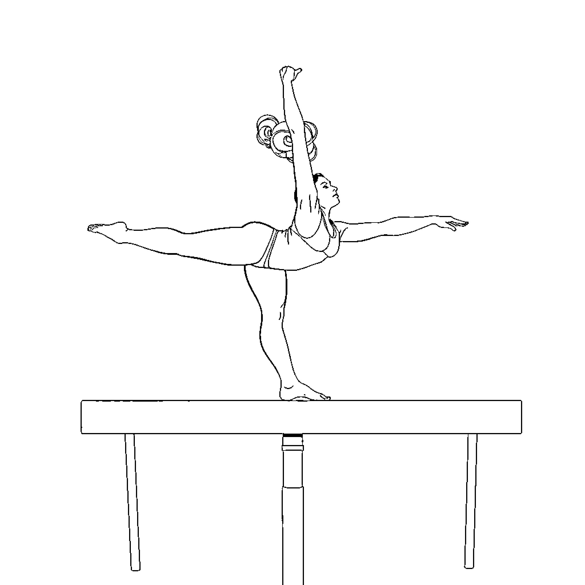 Gymnast performing balance beam routine Coloring Page (free black-and-white line drawing printable PDF for all, from beginners to advanced learners, including children, teens, adults, and seniors)