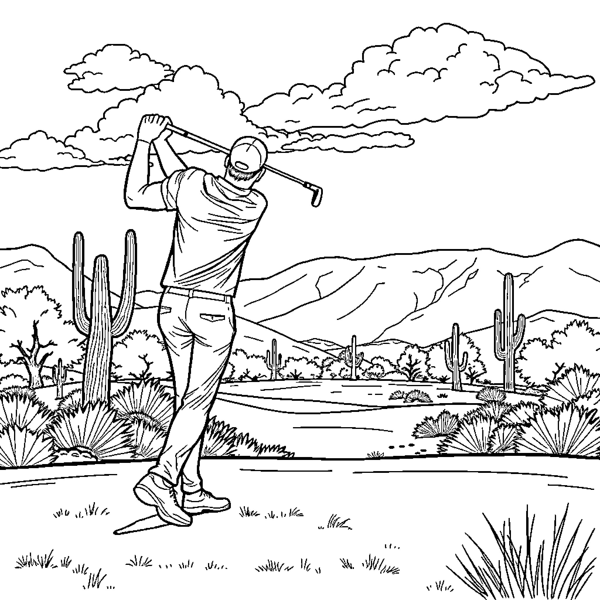 Man playing golf in serene desert landscape Coloring Page (free black-and-white line drawing printable PDF for all, from beginners to advanced learners, including children, teens, adults, and seniors)