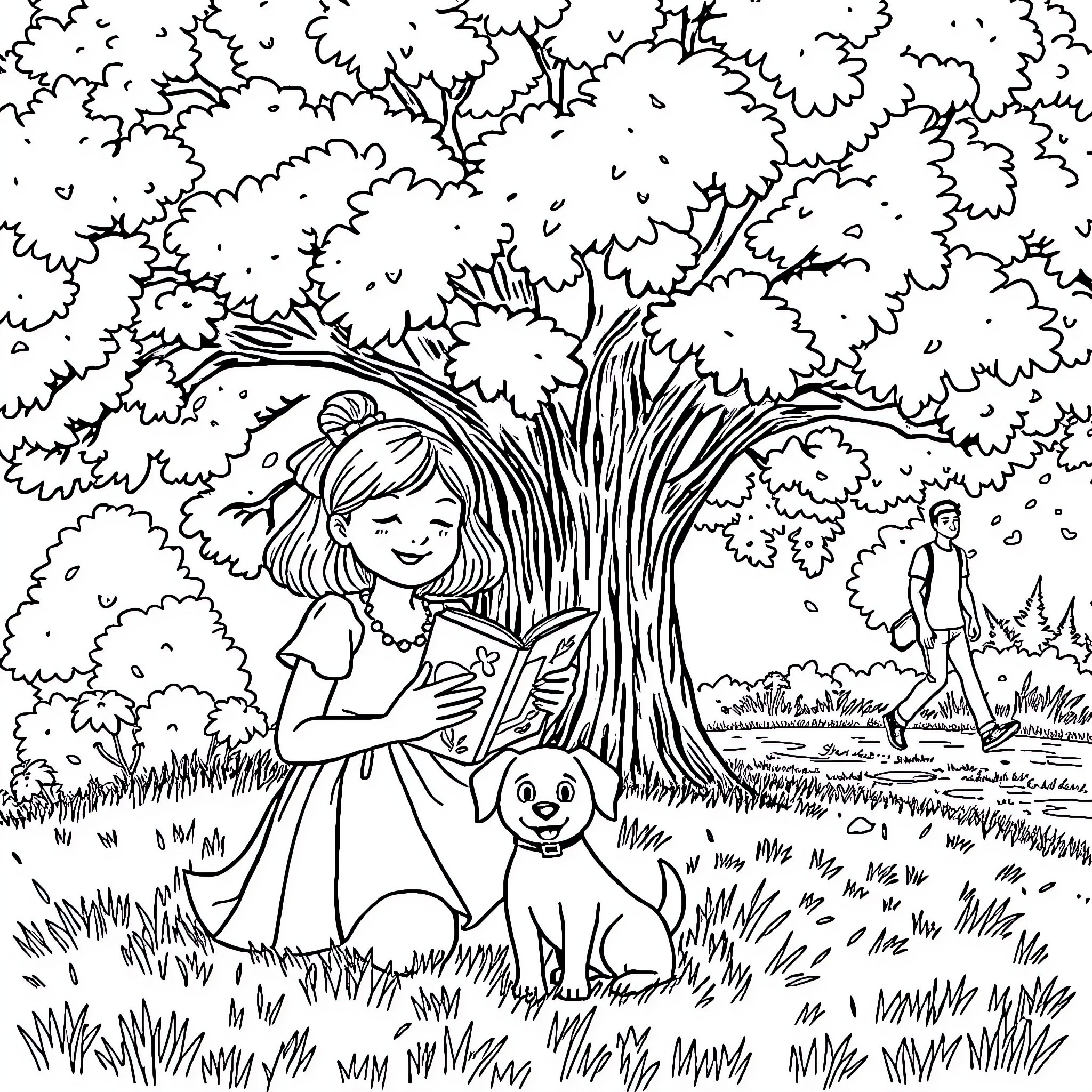 Girl reading a book with her pet under a tree Coloring Page (free black-and-white line drawing printable PDF for all, from beginners to advanced learners, including children, teens, adults, and seniors)