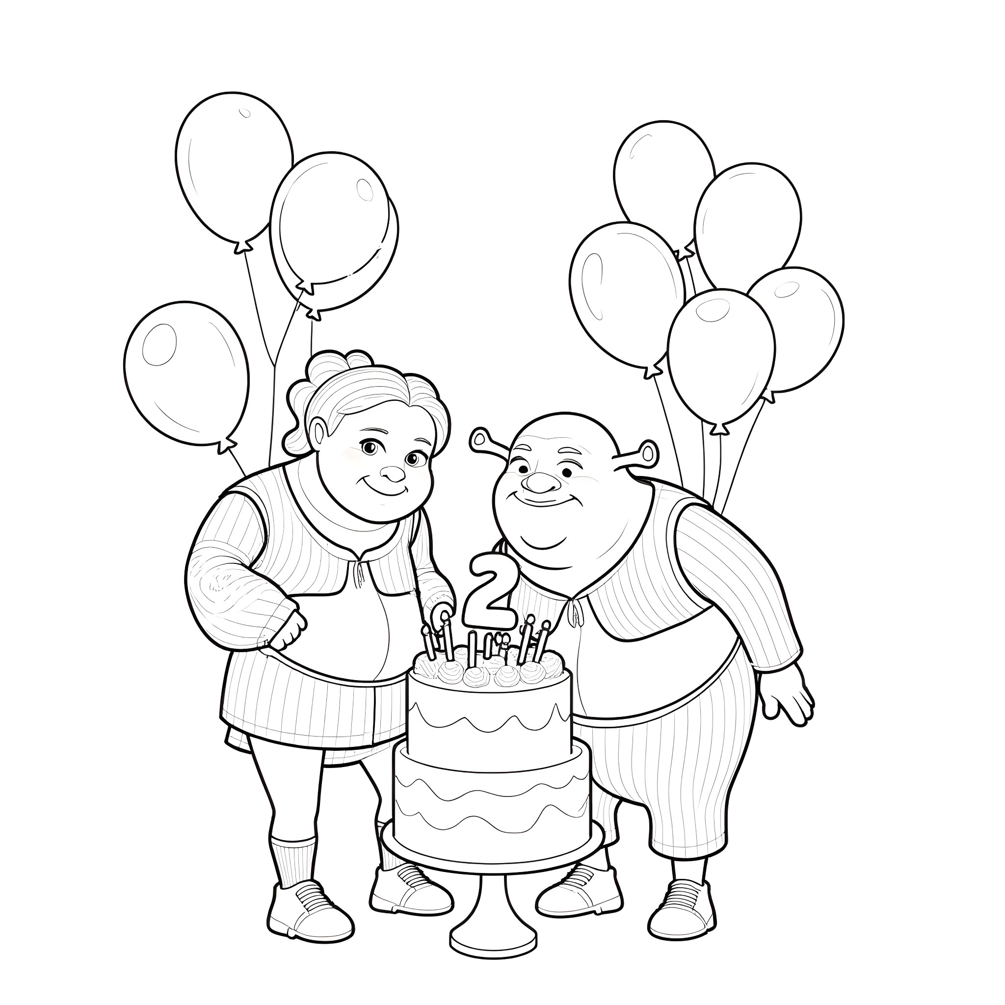 Shrek and Donkey celebrate birthday party with balloons Coloring Page (free black-and-white line drawing printable PDF for all, from beginners to advanced learners, including children, teens, adults, and seniors)