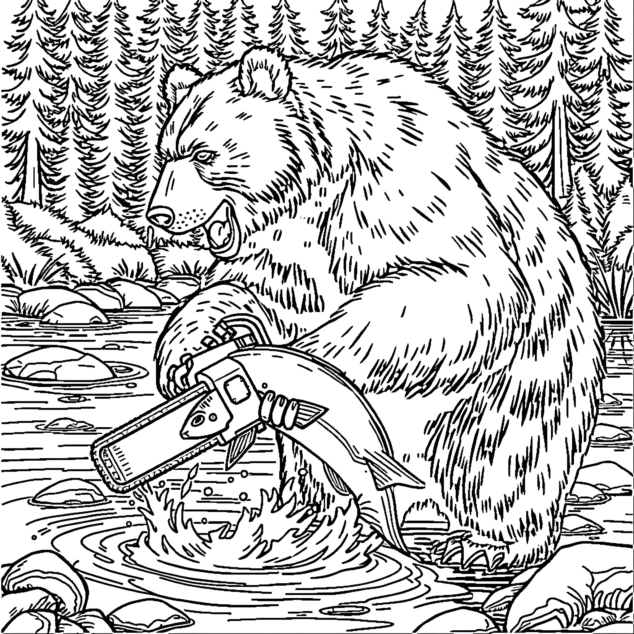 Grizzly Bear Sawing Wood by the River Coloring Page (free black-and-white line drawing printable PDF for all, from beginners to advanced learners, including children, teens, adults, and seniors)