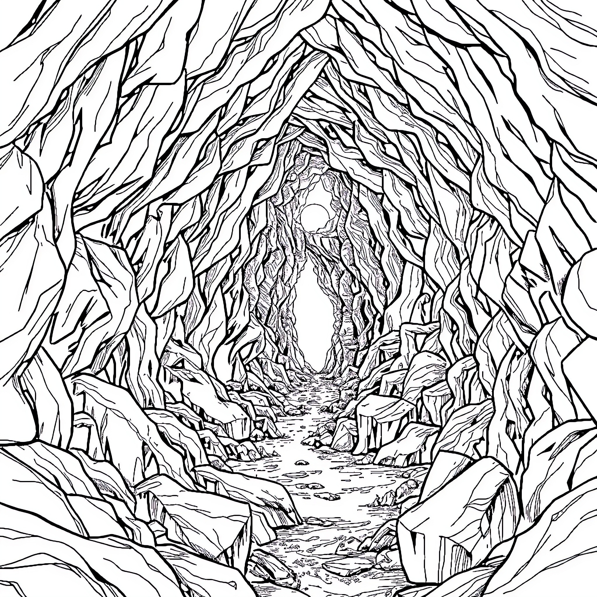 Expedition through a Mystical Crystal Cavern Coloring Page (free black-and-white line drawing printable PDF for all, from beginners to advanced learners, including children, teens, adults, and seniors)