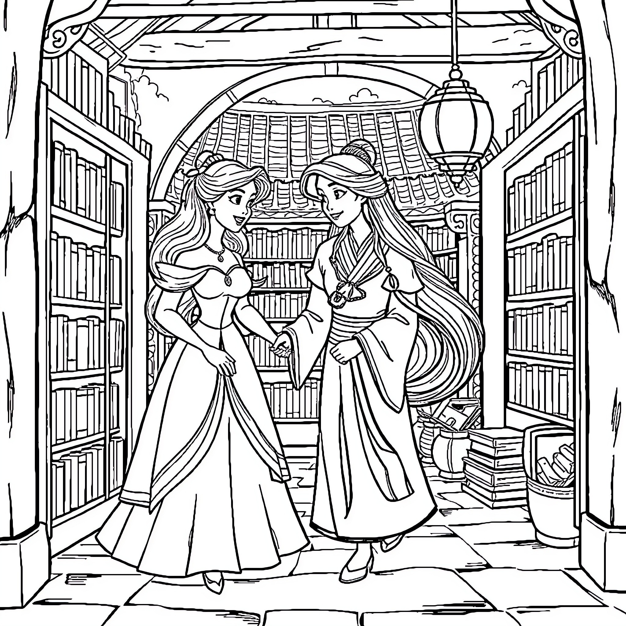 Belle's Enchanting Library Adventure Coloring Page (free black-and-white line drawing printable PDF for all, from beginners to advanced learners, including children, teens, adults, and seniors)