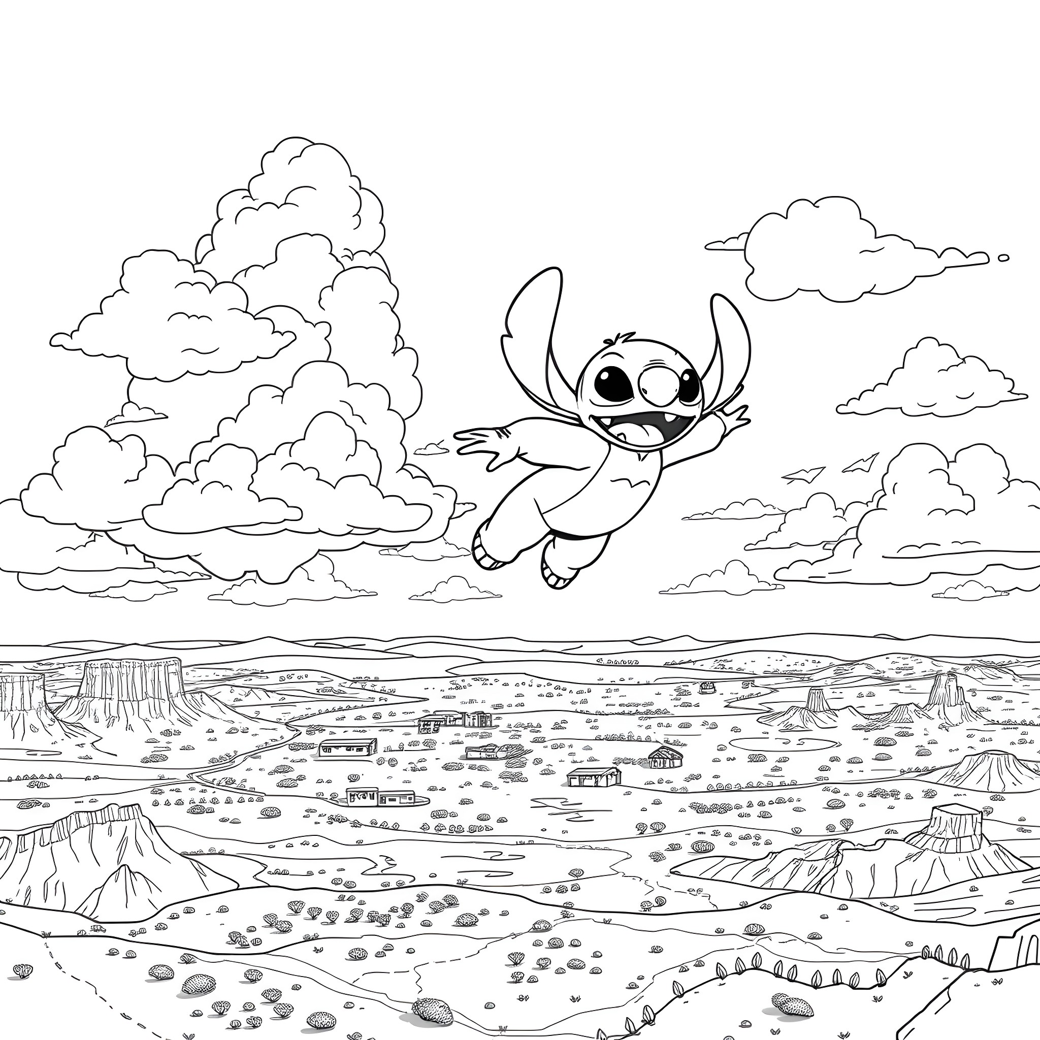 Lilo exploring the vibrant landscape Coloring Page (free black-and-white line drawing printable PDF for all, from beginners to advanced learners, including children, teens, adults, and seniors)