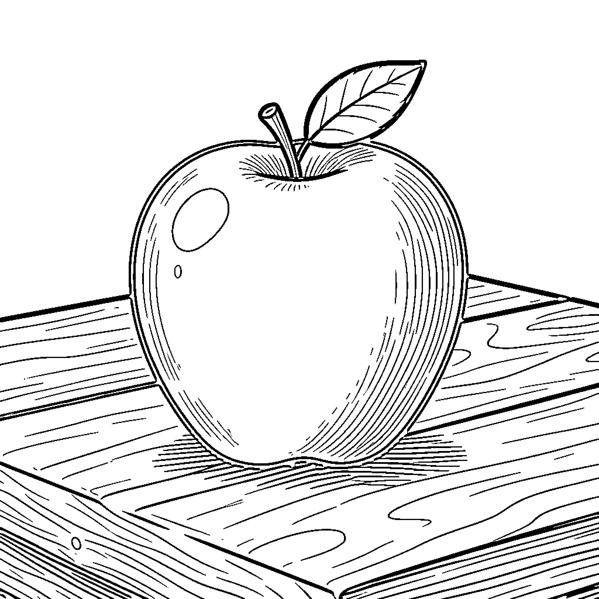 Apple resting peacefully on a wooden surface Coloring Page (free black-and-white line drawing printable PDF for all, from beginners to advanced learners, including children, teens, adults, and seniors)