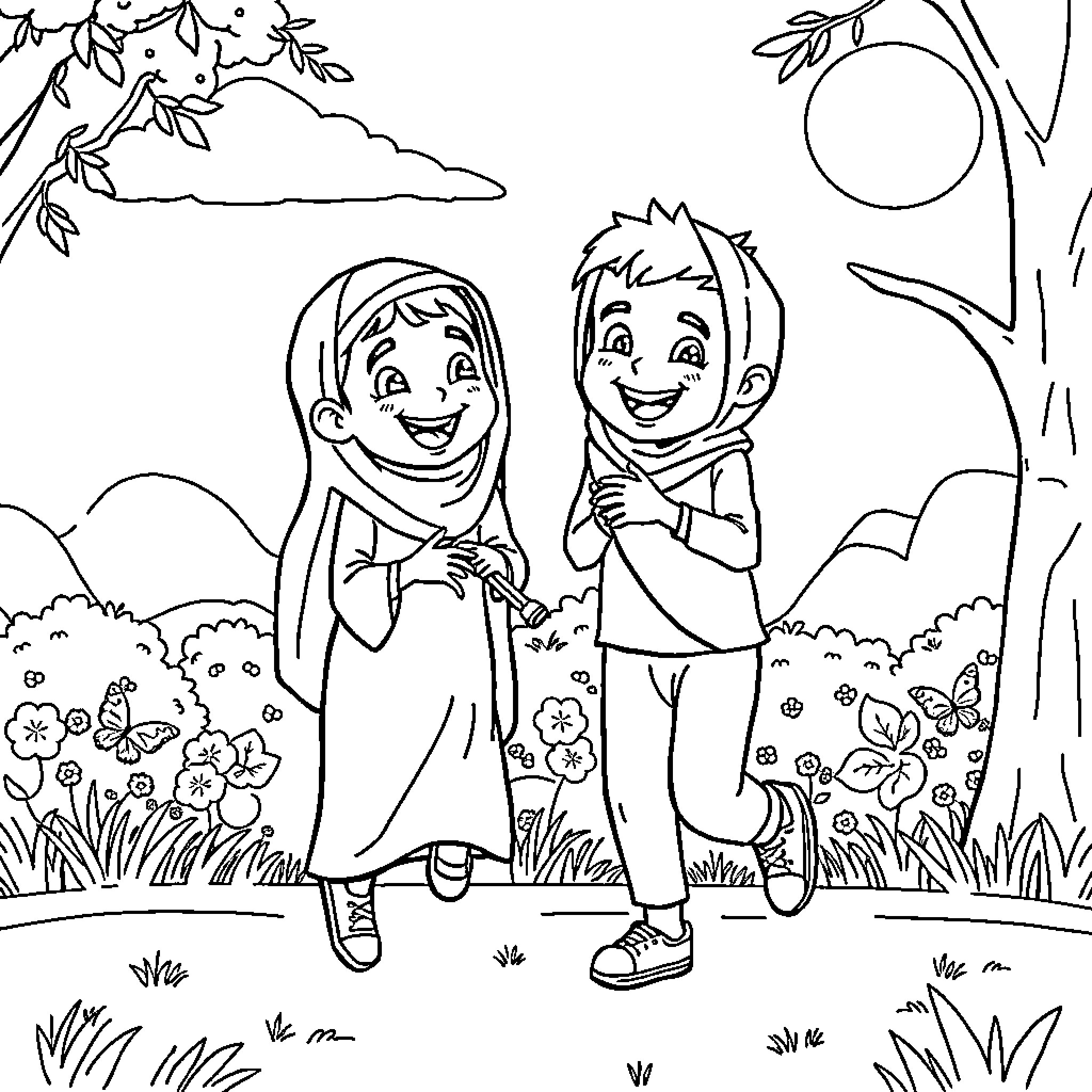 Huda and Hadi enjoying a spring day outdoors Coloring Page (free black-and-white line drawing printable PDF for all, from beginners to advanced learners, including children, teens, adults, and seniors)