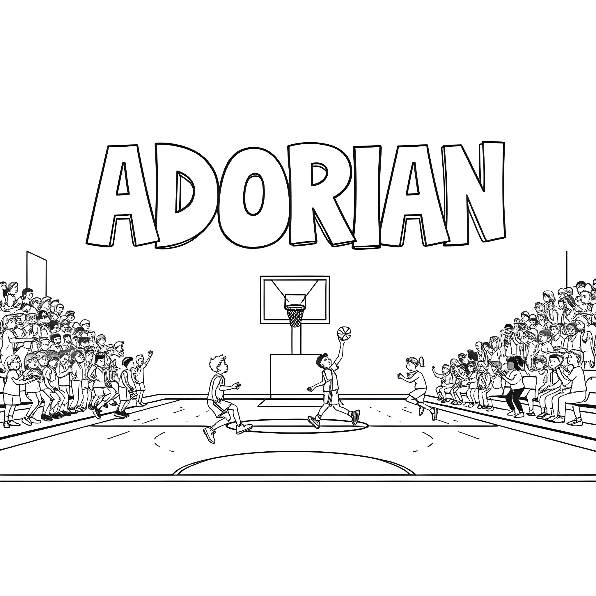 Adorian basketball court with crowd Coloring Page (free black-and-white line drawing printable PDF for all, from beginners to advanced learners, including children, teens, adults, and seniors)
