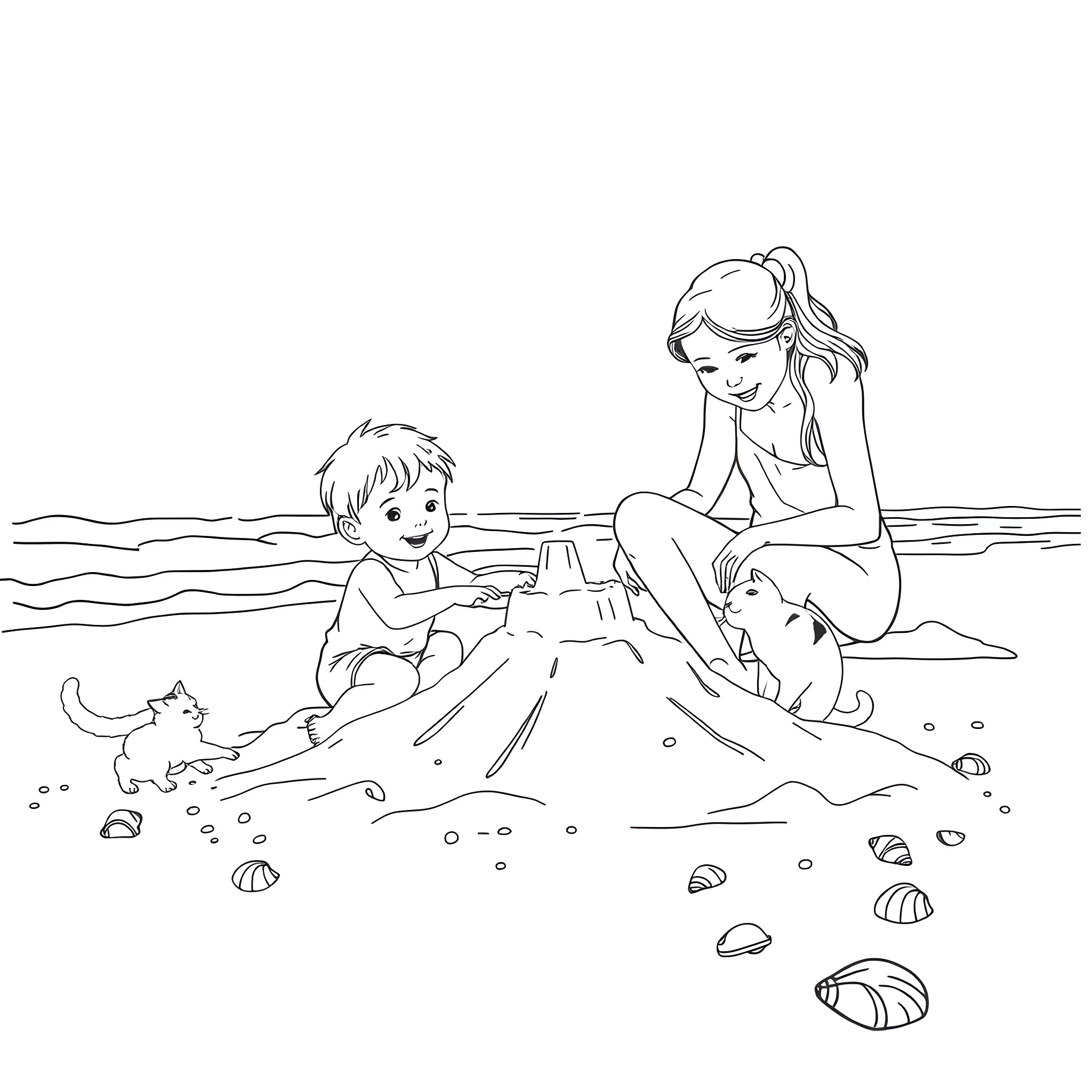 Child playing with parent on the beach Coloring Page (free black-and-white line drawing printable PDF for all, from beginners to advanced learners, including children, teens, adults, and seniors)