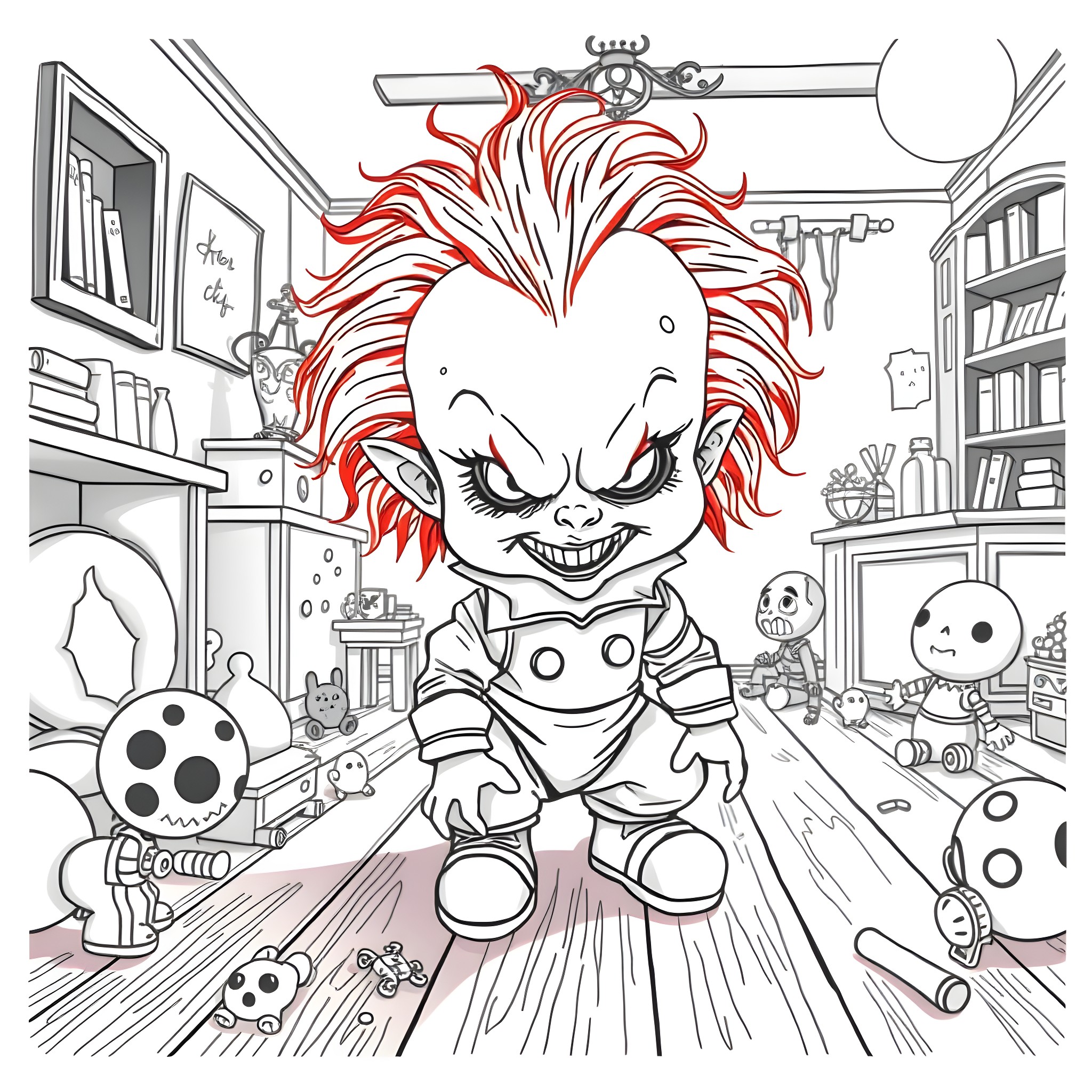 Chucky's Mischievous Adventures in the Toy Room Coloring Page (free black-and-white line drawing printable PDF for all, from beginners to advanced learners, including children, teens, adults, and seniors)
