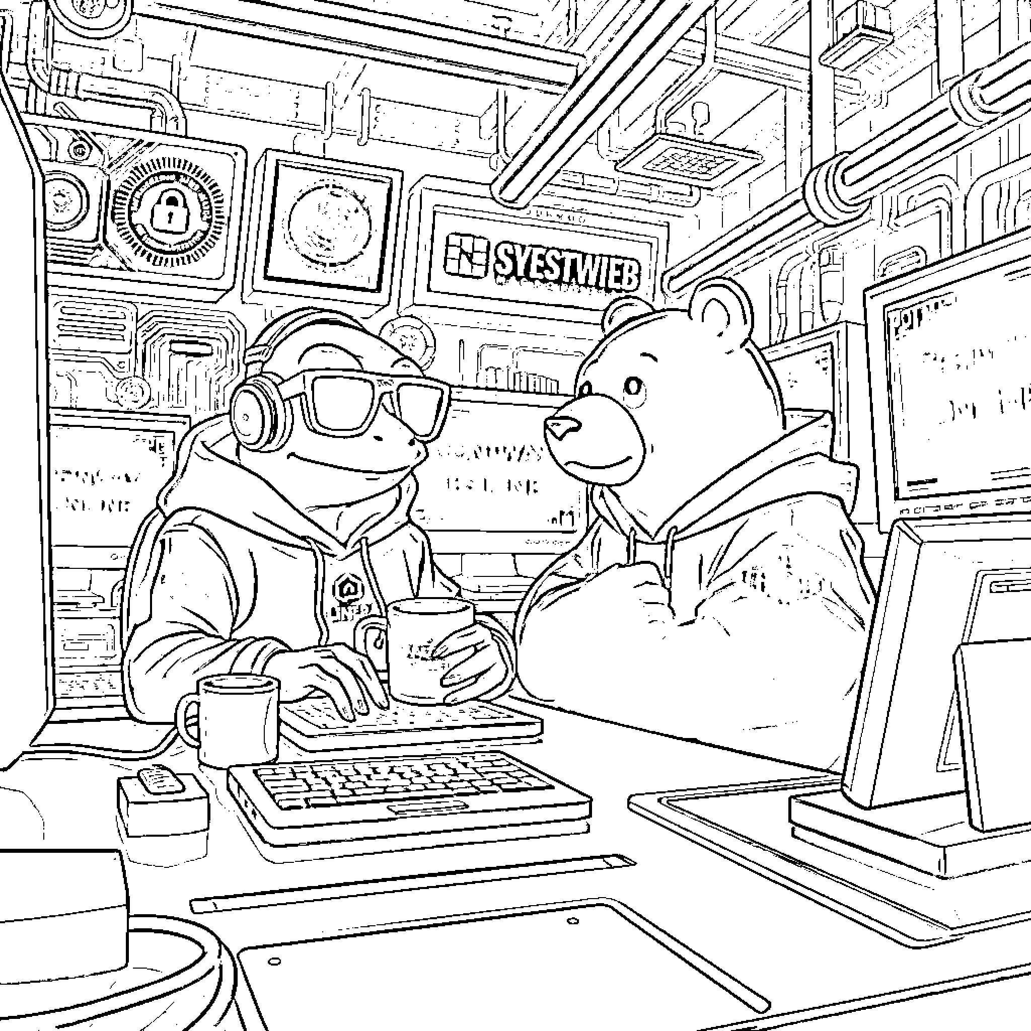 Pepe the Frog working with a teddy bear in a tech-filled office Coloring Page (free black-and-white line drawing printable PDF for all, from beginners to advanced learners, including children, teens, adults, and seniors)