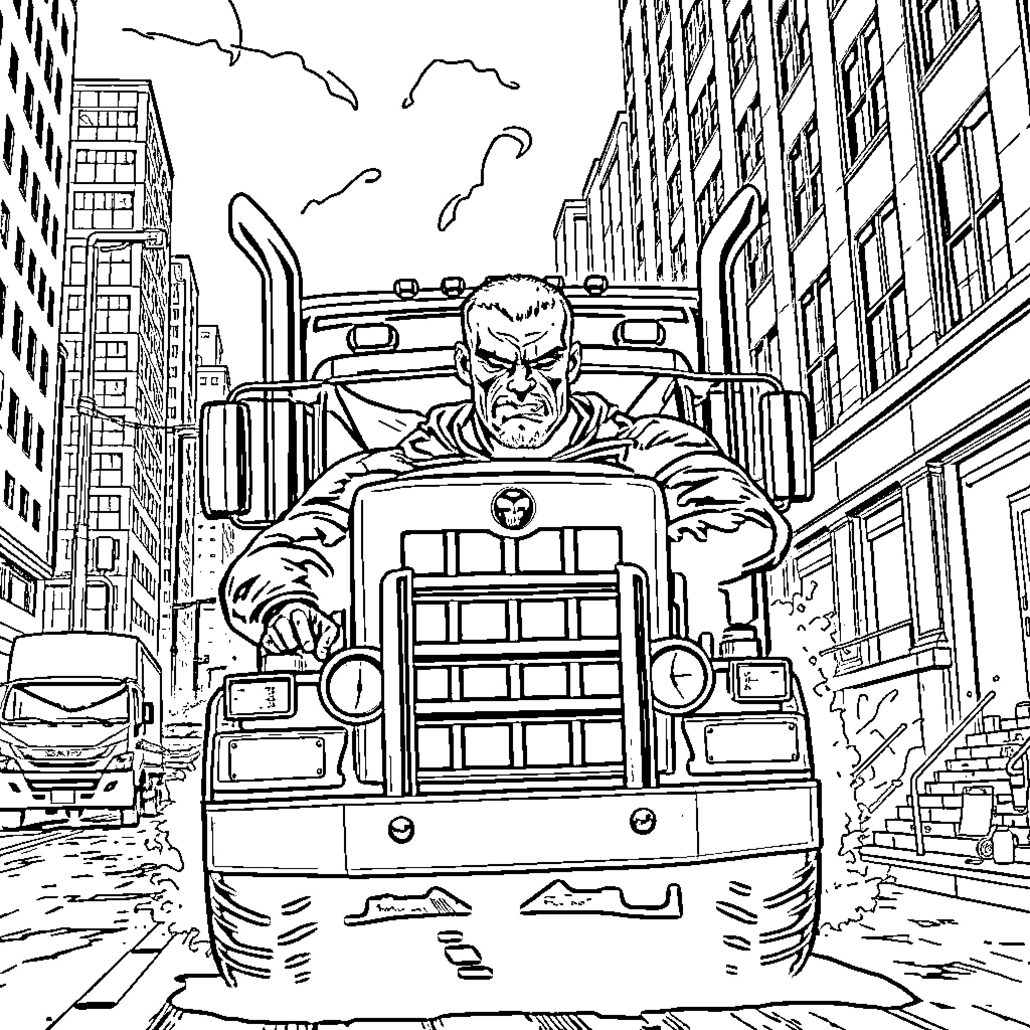 Punisher in action-packed urban scene Coloring Page (free black-and-white line drawing printable PDF for all, from beginners to advanced learners, including children, teens, adults, and seniors)