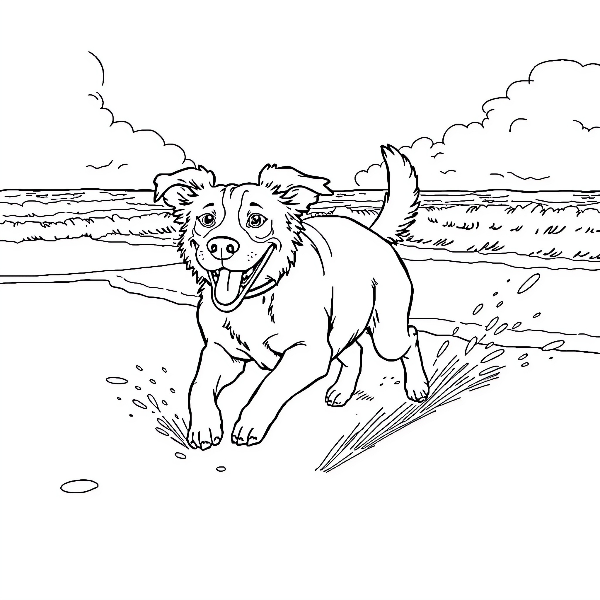 Dog enjoying a day at the beach Coloring Page (free black-and-white line drawing printable PDF for all, from beginners to advanced learners, including children, teens, adults, and seniors)