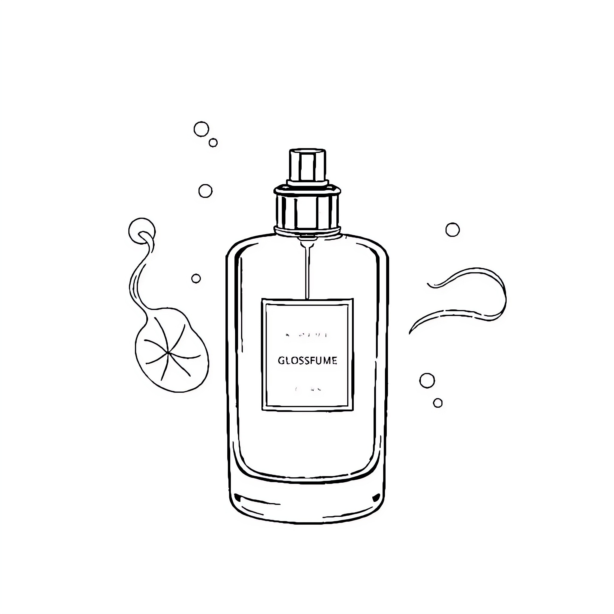 Glosfume - Artistic Perfume Bottle Illustration Coloring Page (free black-and-white line drawing printable PDF for all, from beginners to advanced learners, including children, teens, adults, and seniors)