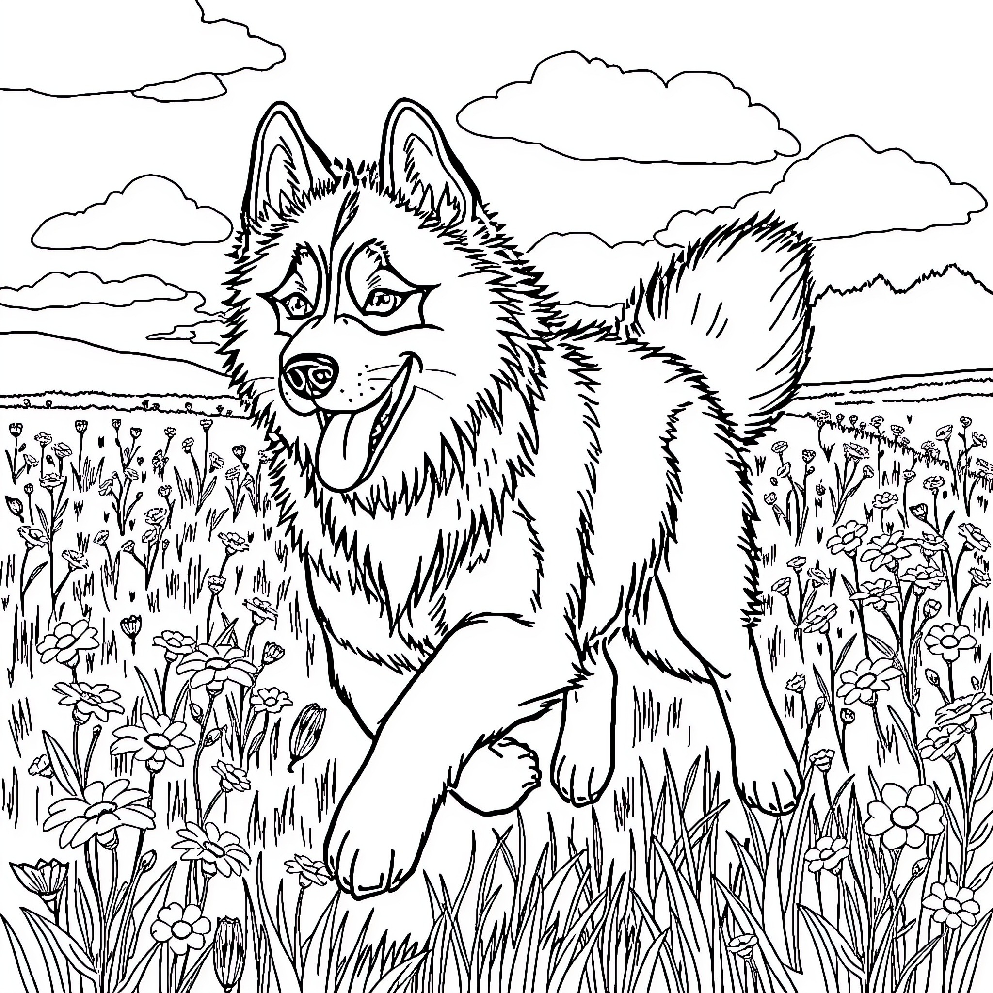 Husky dog exploring a lush meadow landscape Coloring Page (free black-and-white line drawing printable PDF for all, from beginners to advanced learners, including children, teens, adults, and seniors)