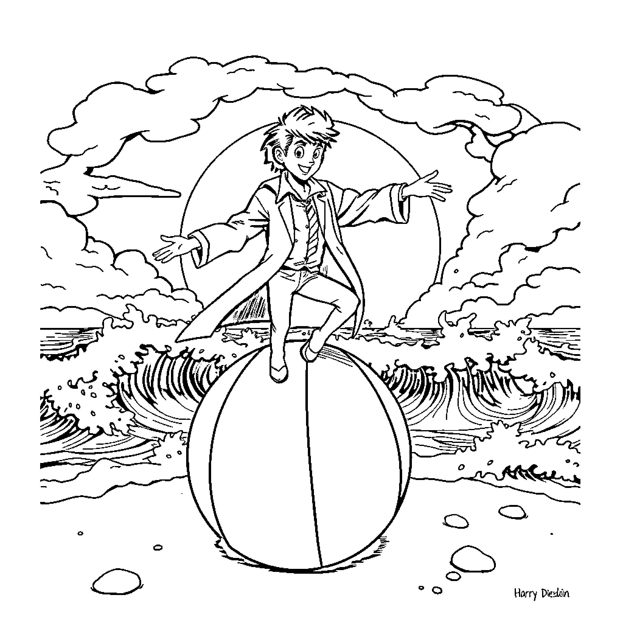 Harry Dresden riding on a magical sphere Coloring Page (free black-and-white line drawing printable PDF for all, from beginners to advanced learners, including children, teens, adults, and seniors)