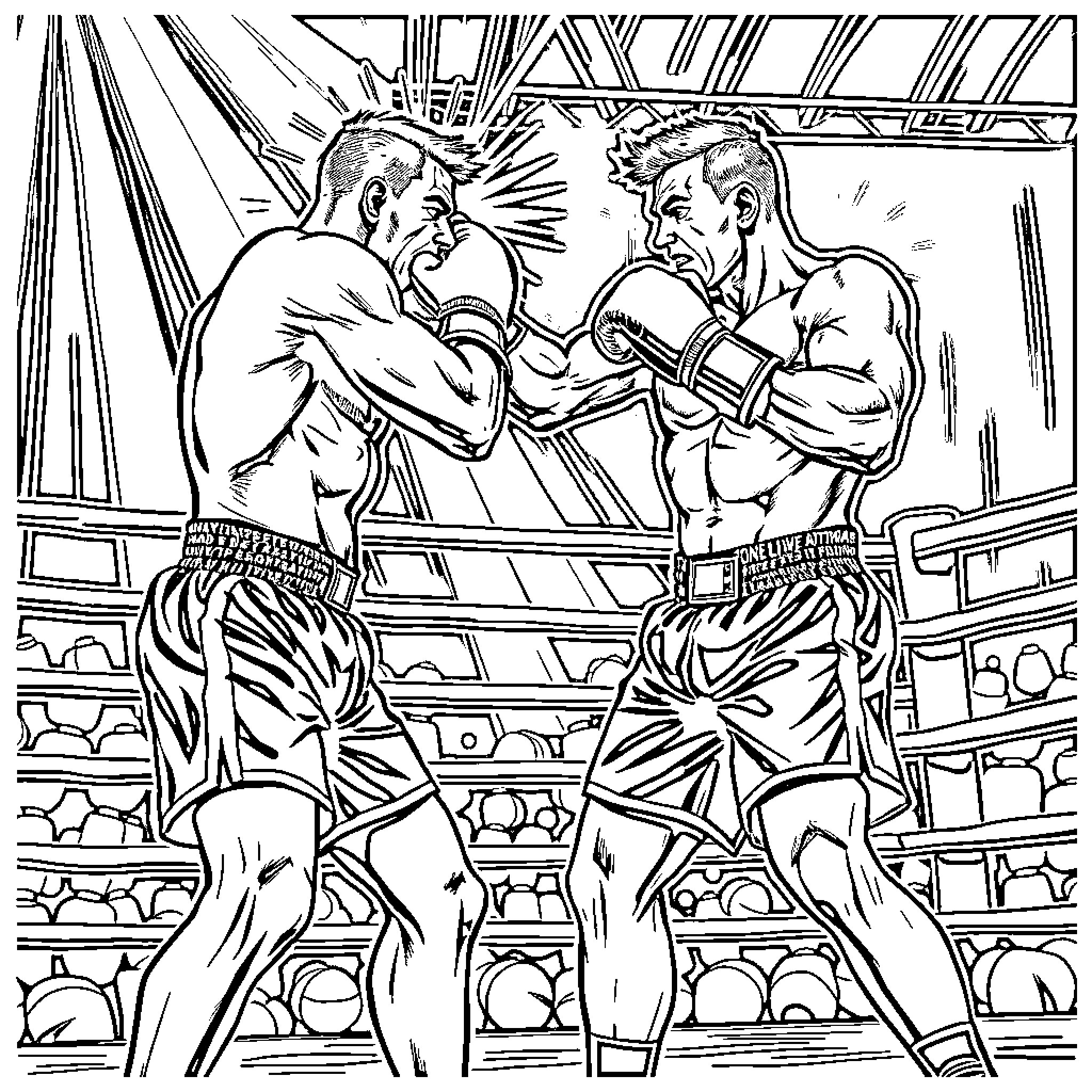 Boxing match between two muscular fighters in the ring Coloring Page (free black-and-white line drawing printable PDF for all, from beginners to advanced learners, including children, teens, adults, and seniors)