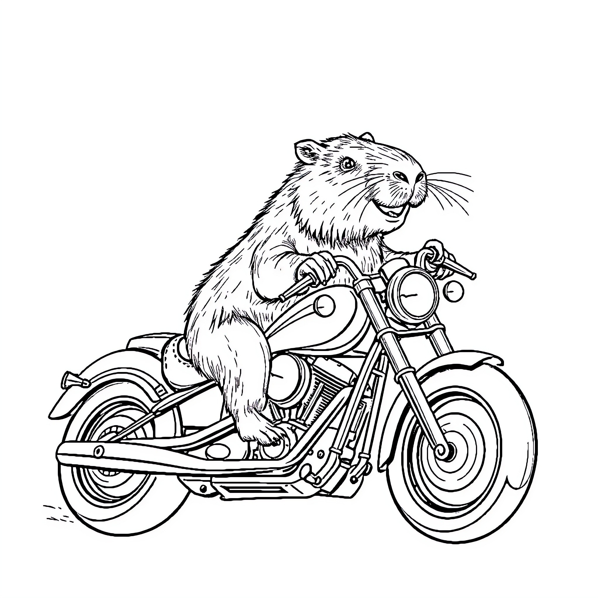 Capybara riding a motorcycle with enthusiasm Coloring Page (free black-and-white line drawing printable PDF for all, from beginners to advanced learners, including children, teens, adults, and seniors)