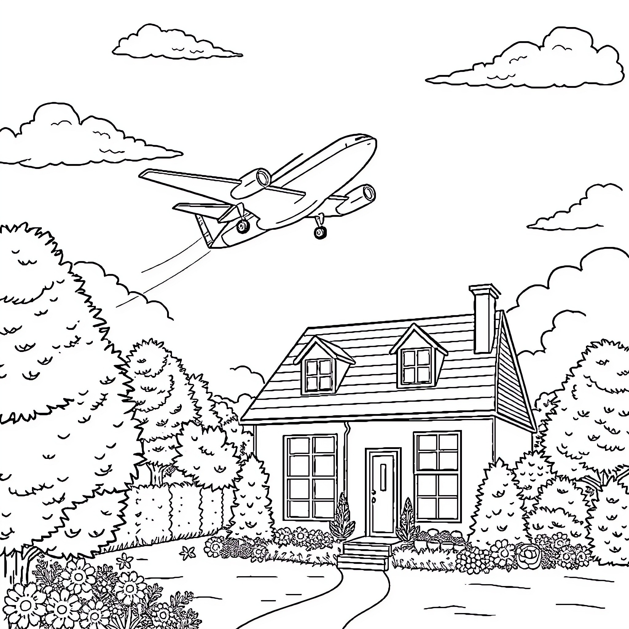 Airplane departing from scenic countryside home Coloring Page (free black-and-white line drawing printable PDF for all, from beginners to advanced learners, including children, teens, adults, and seniors)