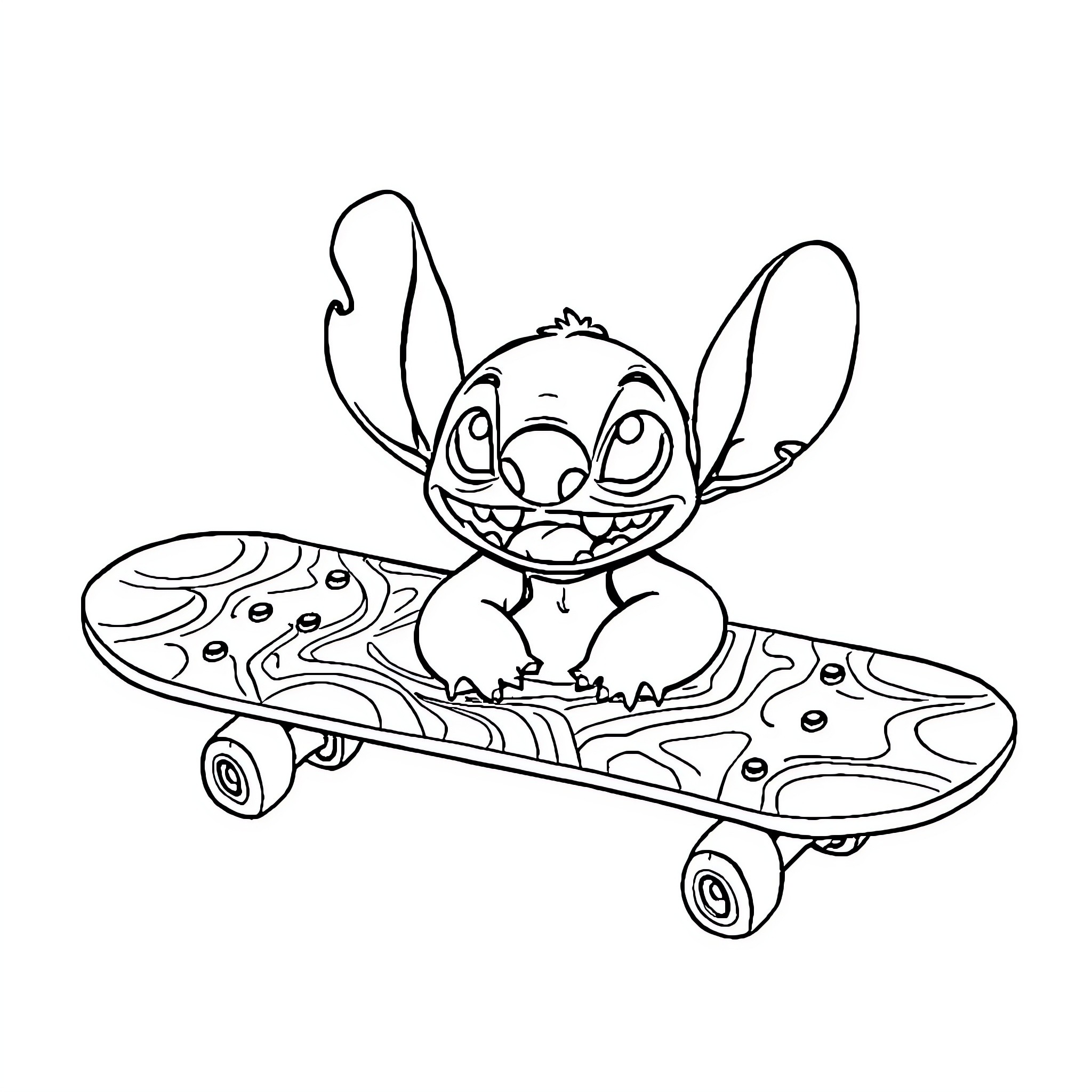 Stitch skateboarding with a cheerful expression Coloring Page (free black-and-white line drawing printable PDF for all, from beginners to advanced learners, including children, teens, adults, and seniors)