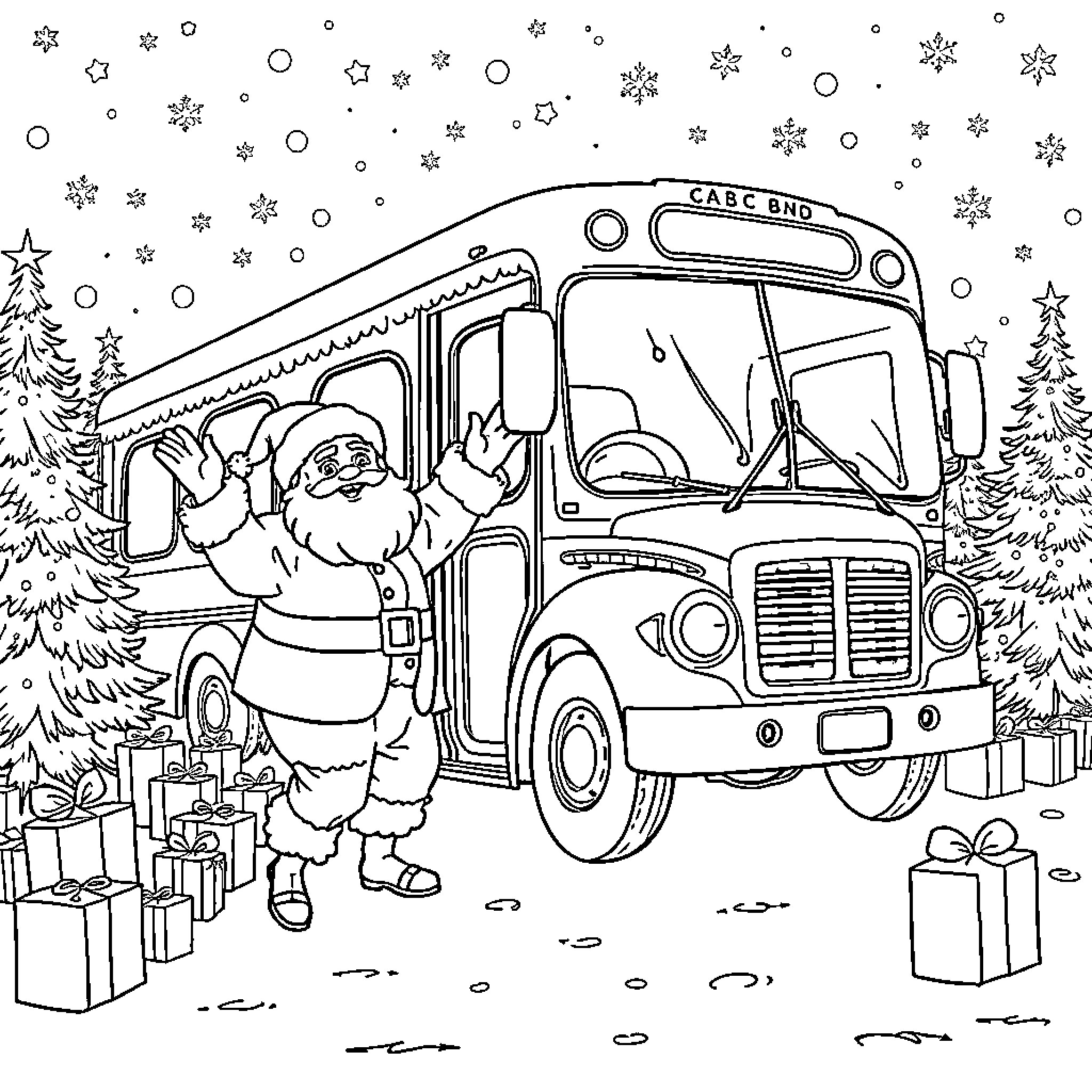 Santa riding a winter school bus with presents Coloring Page (free black-and-white line drawing printable PDF for all, from beginners to advanced learners, including children, teens, adults, and seniors)