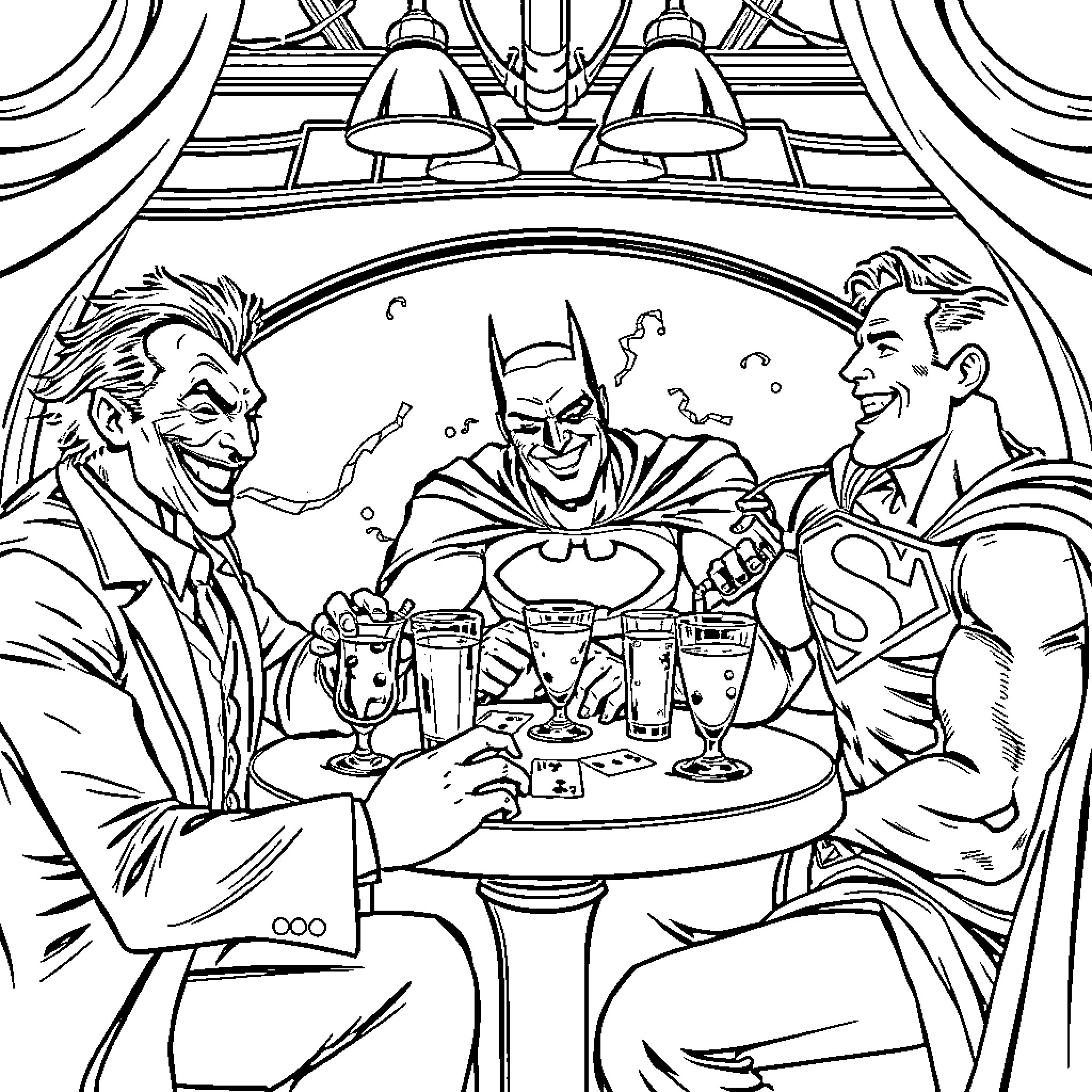 Joker, Batman, and Superman having drinks together Coloring Page (free black-and-white line drawing printable PDF for all, from beginners to advanced learners, including children, teens, adults, and seniors)