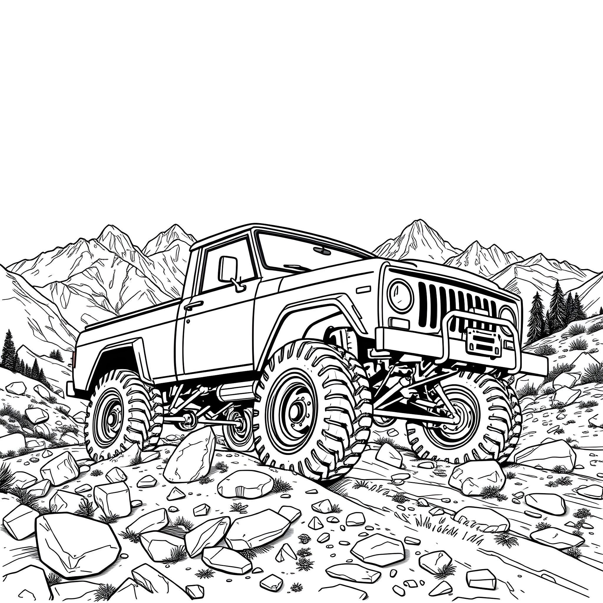 Truck driving through rugged mountainous terrain Coloring Page (free black-and-white line drawing printable PDF for all, from beginners to advanced learners, including children, teens, adults, and seniors)