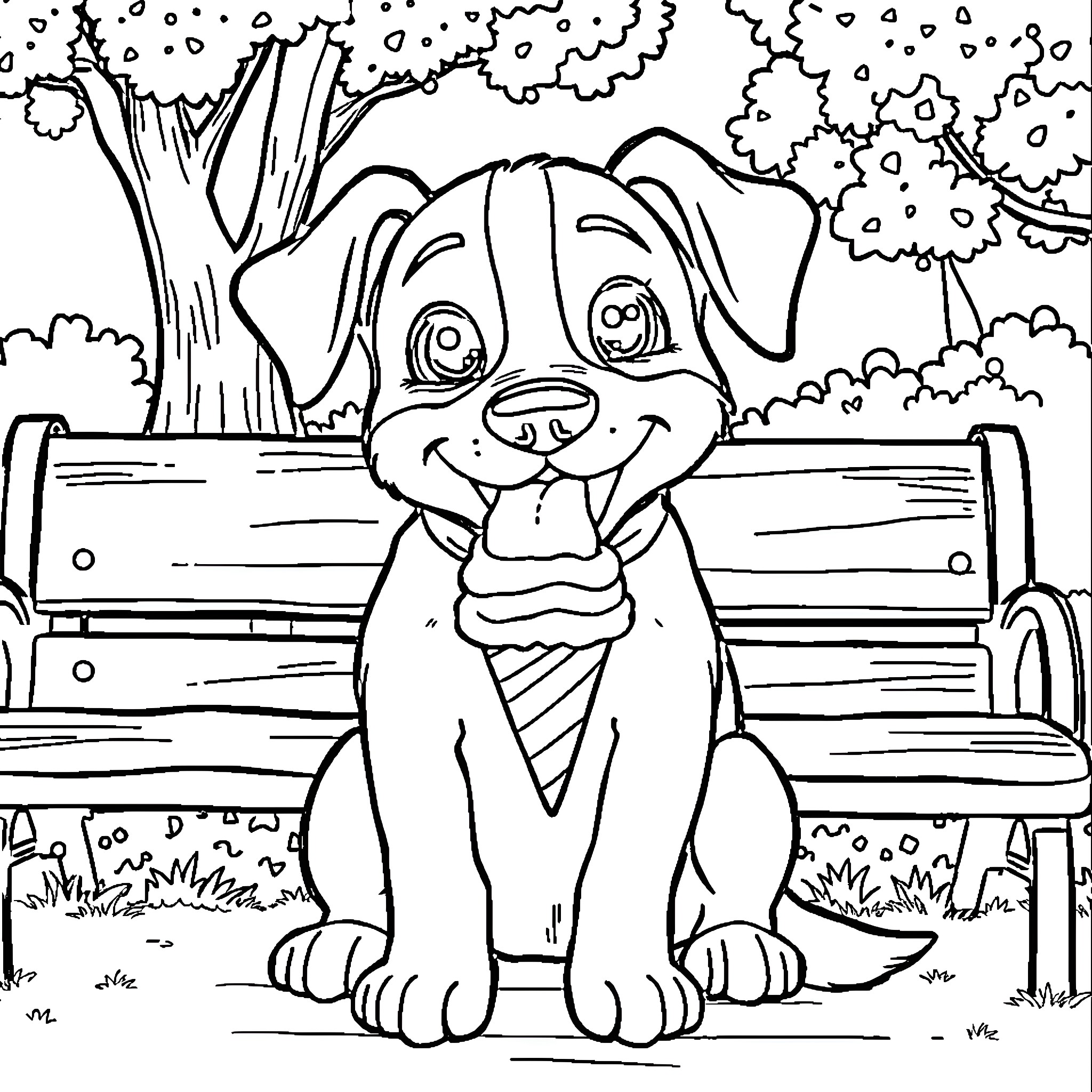 Dog sitting happily on a park bench Coloring Page (free black-and-white line drawing printable PDF for all, from beginners to advanced learners, including children, teens, adults, and seniors)