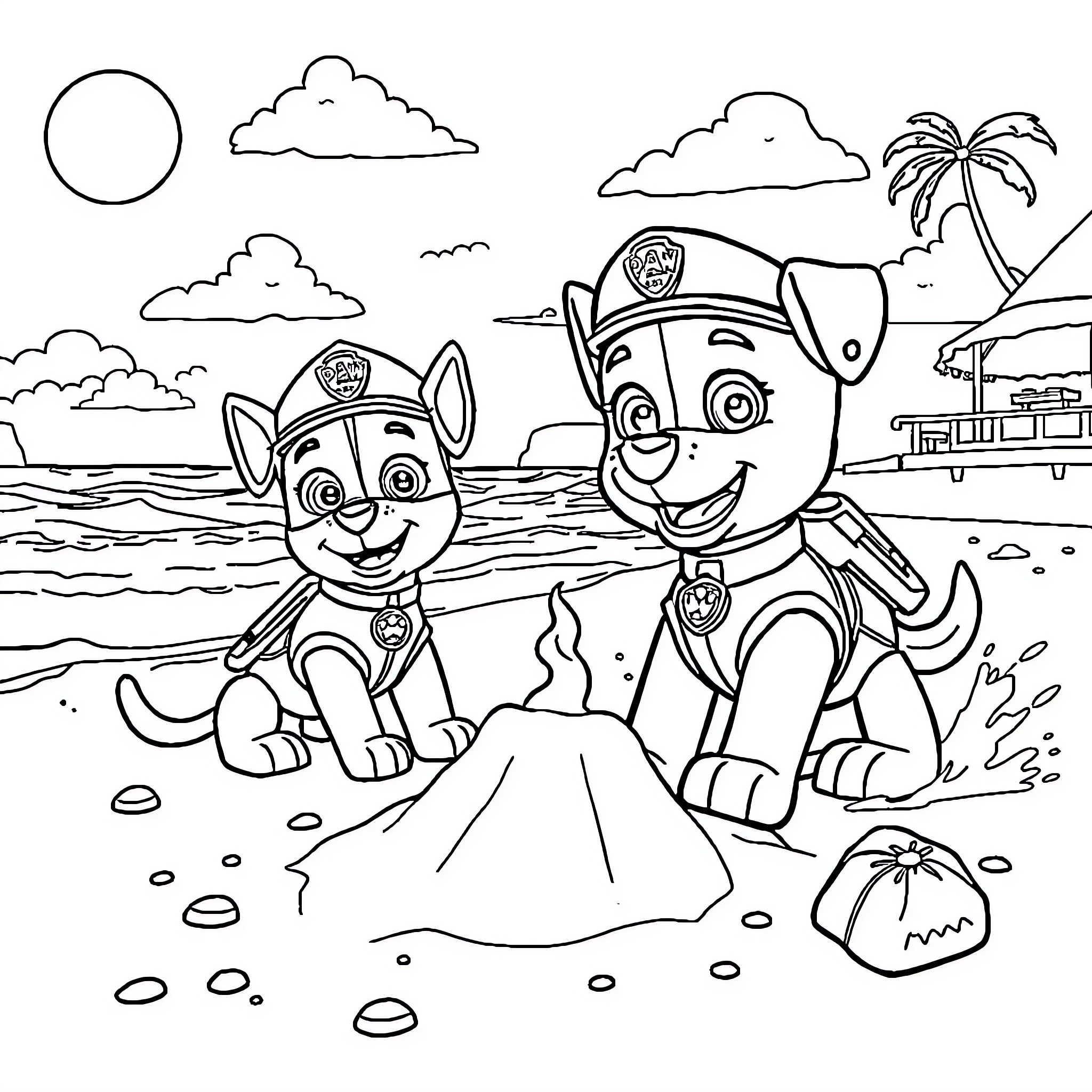 Paw Patrol beach adventures Coloring Page (free black-and-white line drawing printable PDF for all, from beginners to advanced learners, including children, teens, adults, and seniors)