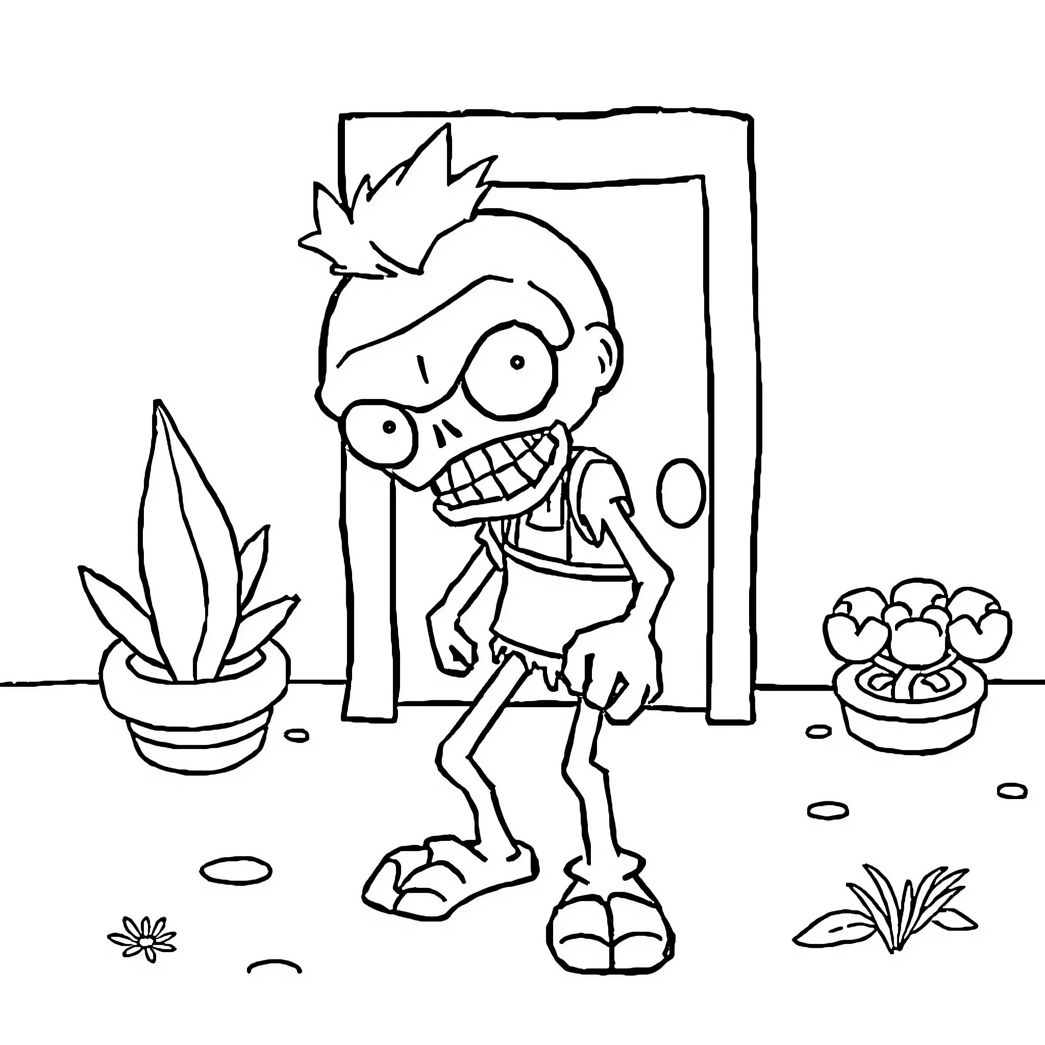 Zombie character with goofy expression and disheveled appearance Coloring Page (free black-and-white line drawing printable PDF for all, from beginners to advanced learners, including children, teens, adults, and seniors)