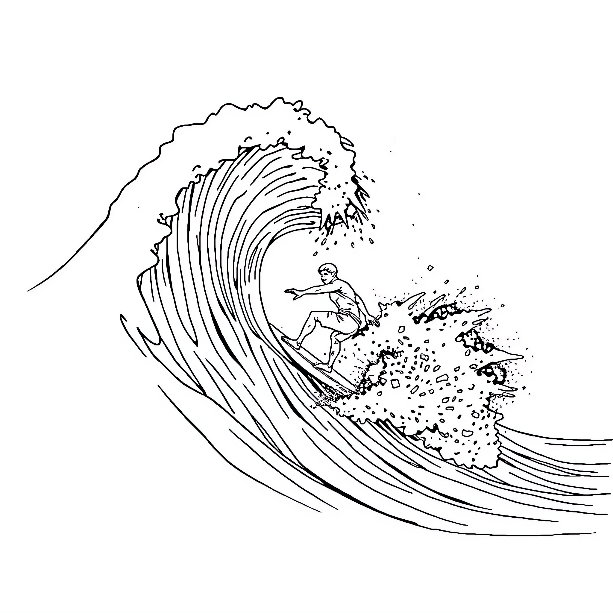 Surfer riding a massive wave Coloring Page (free black-and-white line drawing printable PDF for all, from beginners to advanced learners, including children, teens, adults, and seniors)